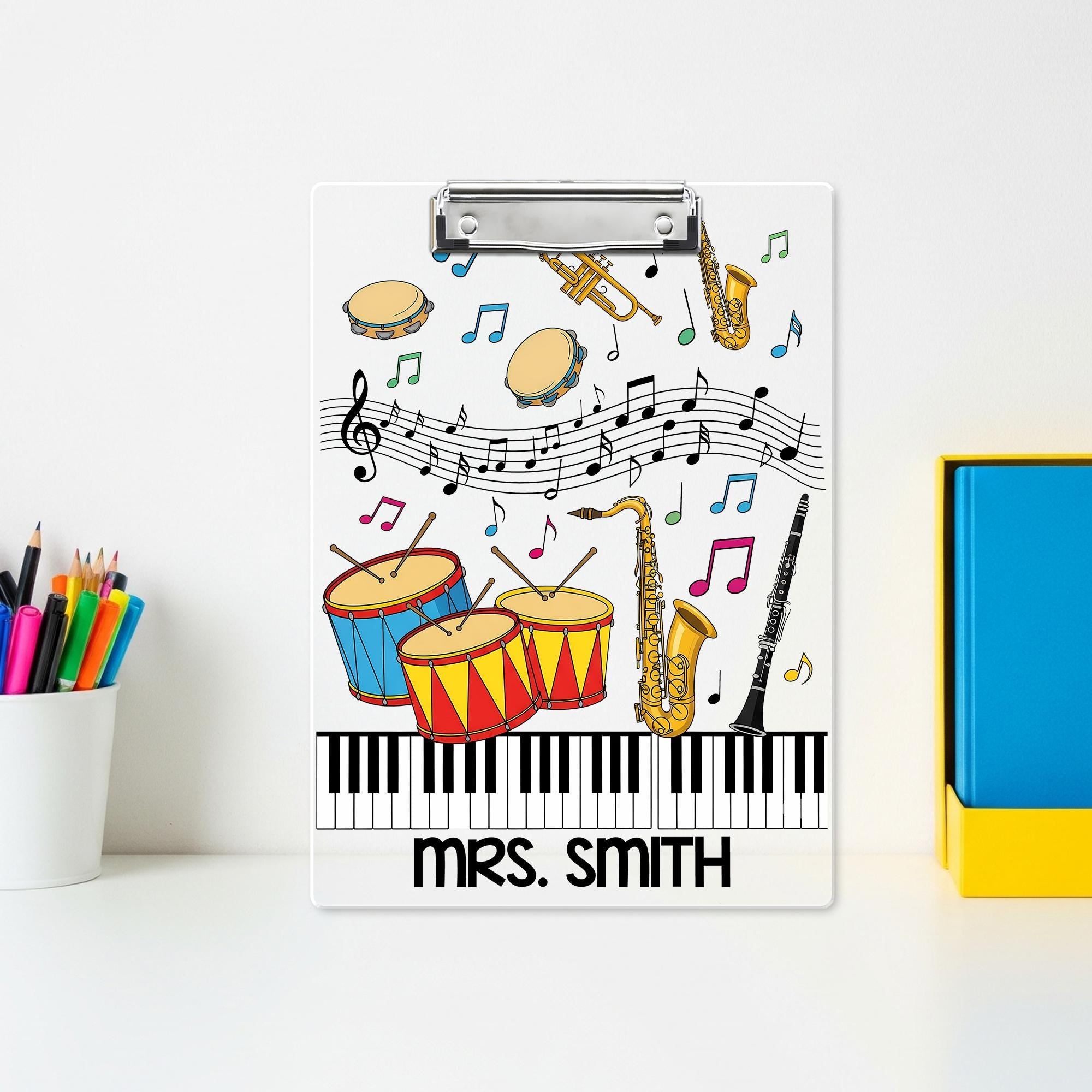 Personalized Music Teacher Clipboard – Custom Name Gift with Colorful Instruments, Notes & Piano Keys, Fun Classroom or Band Decor