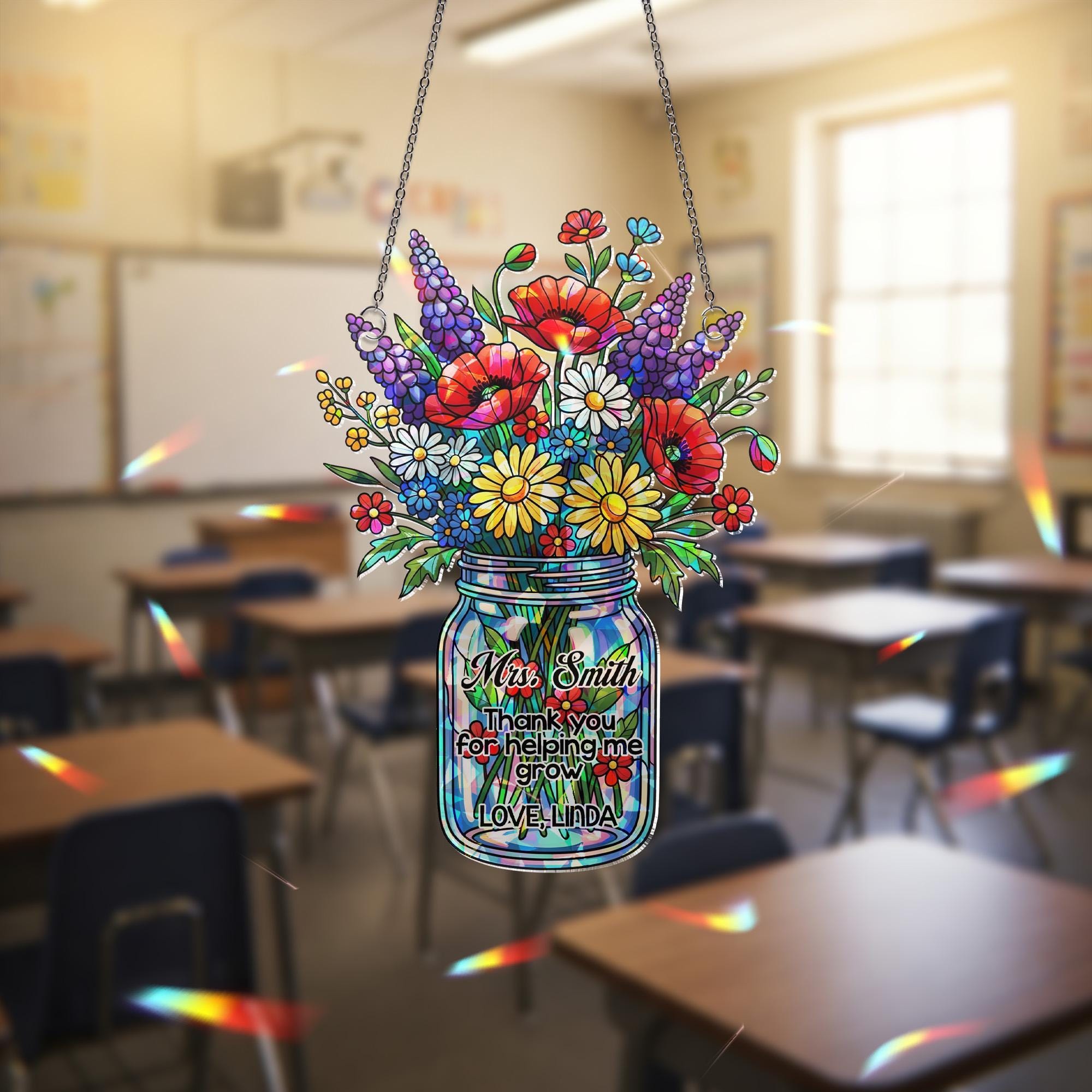 Personalized Teacher Hologram Ornament, Floral Jar with Custom Name ACRYLIC Window Hanging, Back To School Gift, Appreciation Keepsake