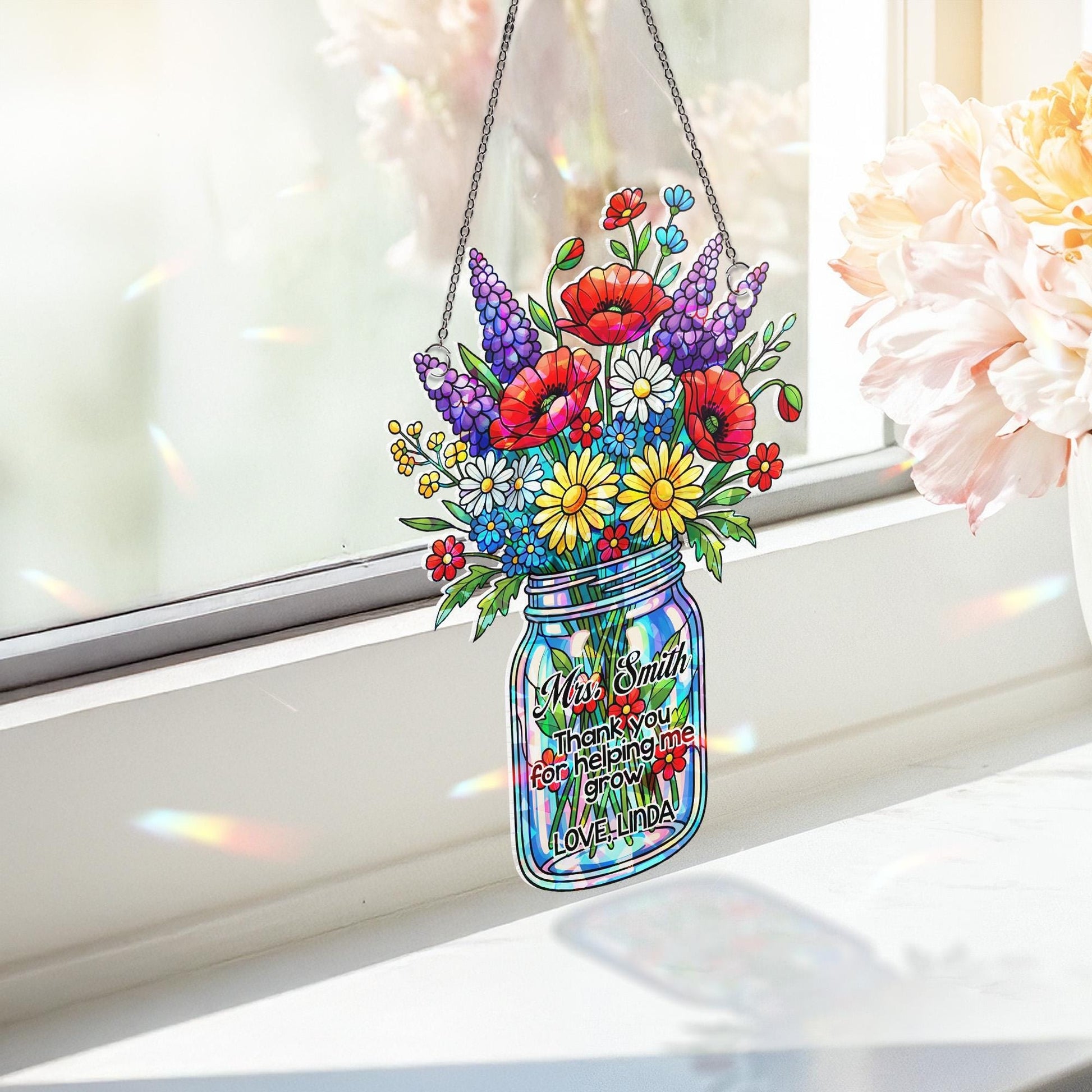 Personalized Teacher Hologram Ornament, Floral Jar with Custom Name ACRYLIC Window Hanging, Back To School Gift, Appreciation Keepsake