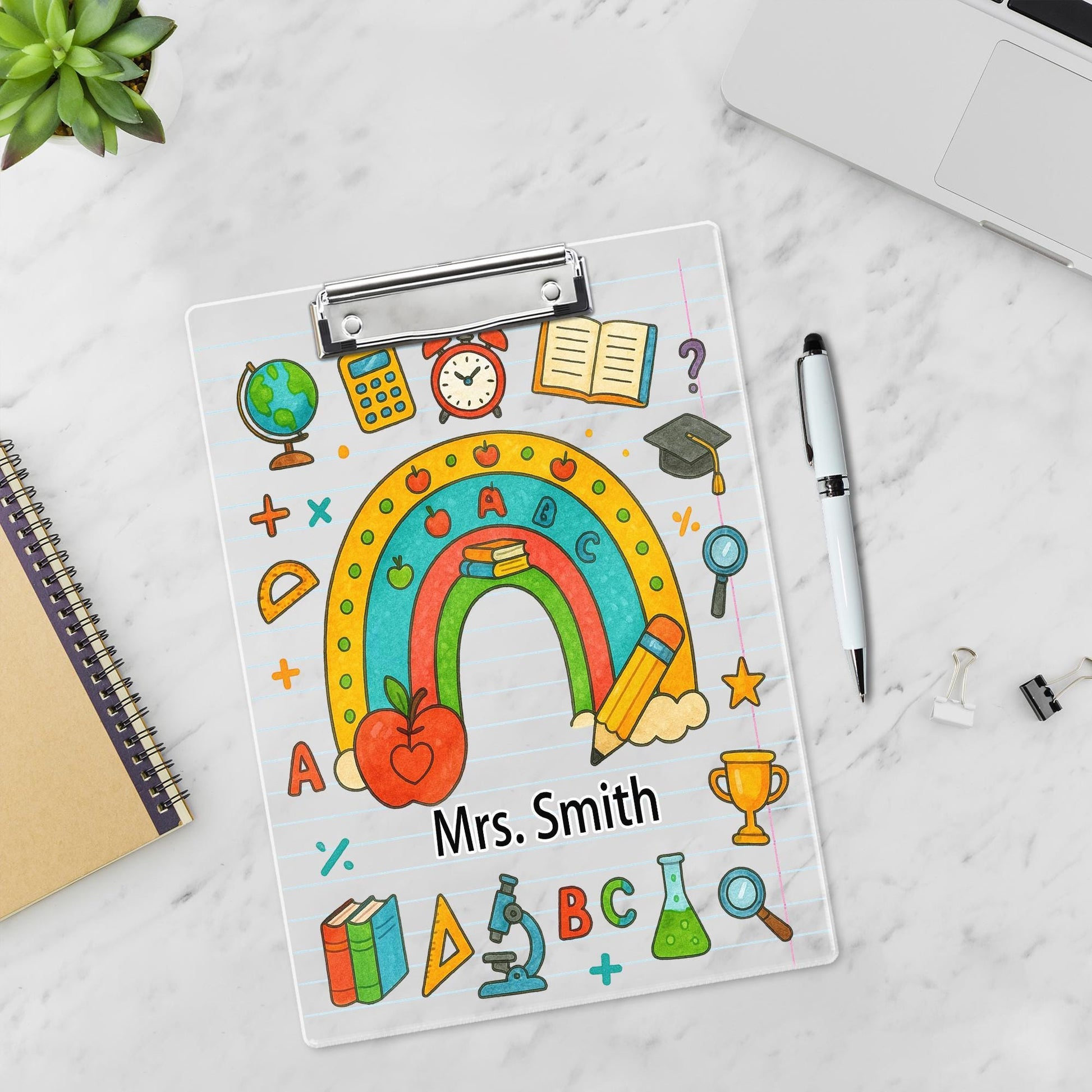 Personalized Teacher Clipboard with Rainbow and School Supplies – Custom Name Gift, Lined Paper Background, Cute Classroom Office Decor