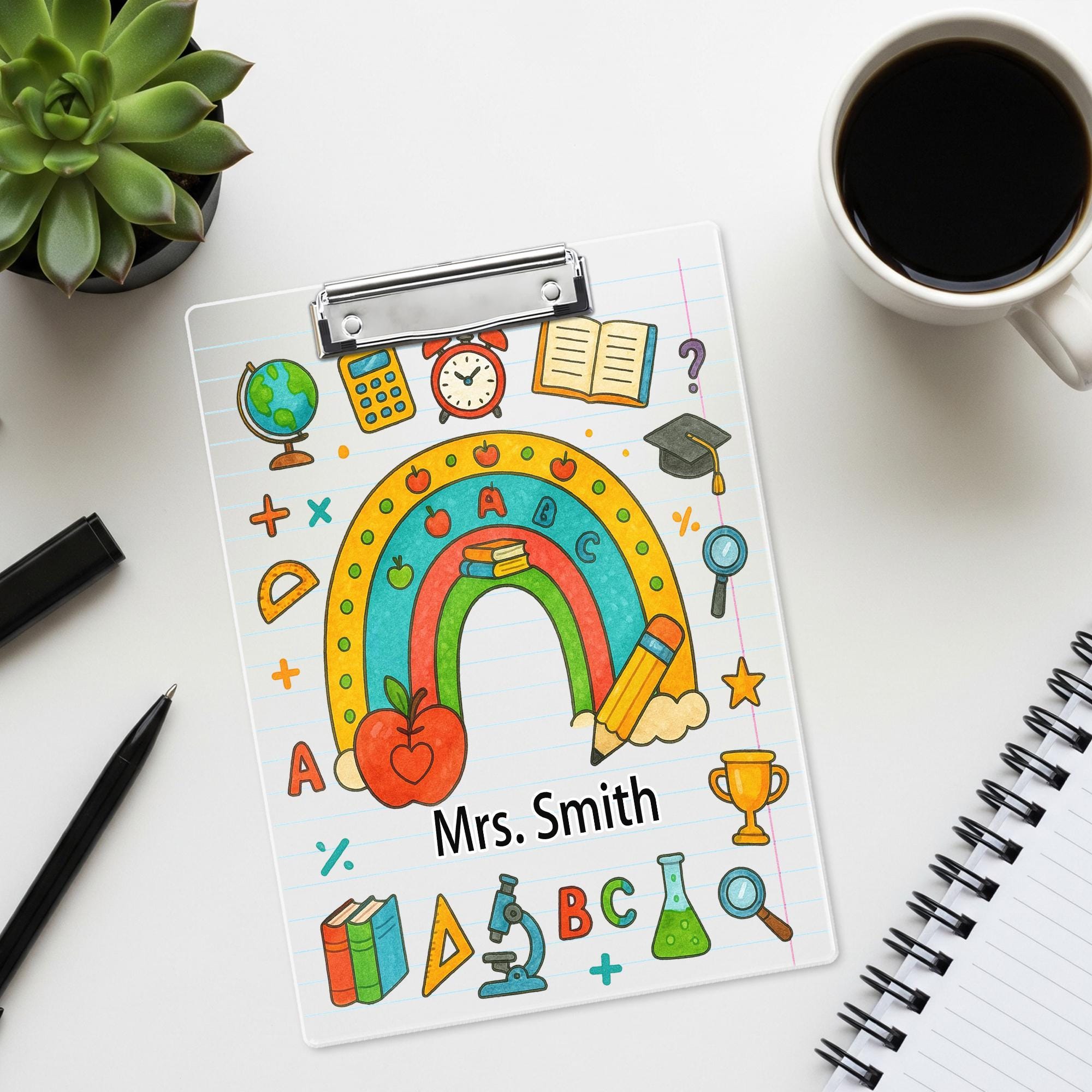 Personalized Teacher Clipboard with Rainbow and School Supplies – Custom Name Gift, Lined Paper Background, Cute Classroom Office Decor