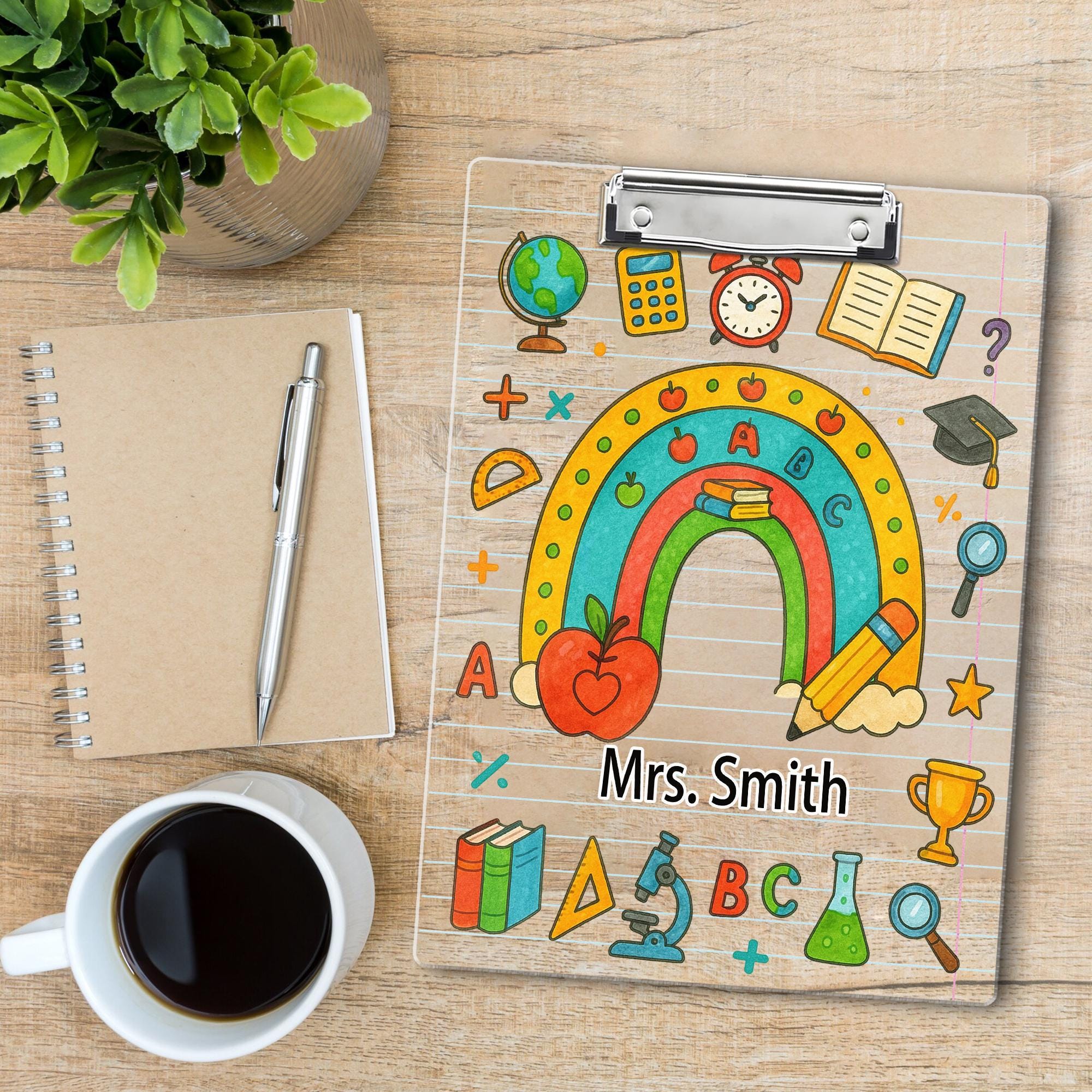 Personalized Teacher Clipboard with Rainbow and School Supplies – Custom Name Gift, Lined Paper Background, Cute Classroom Office Decor