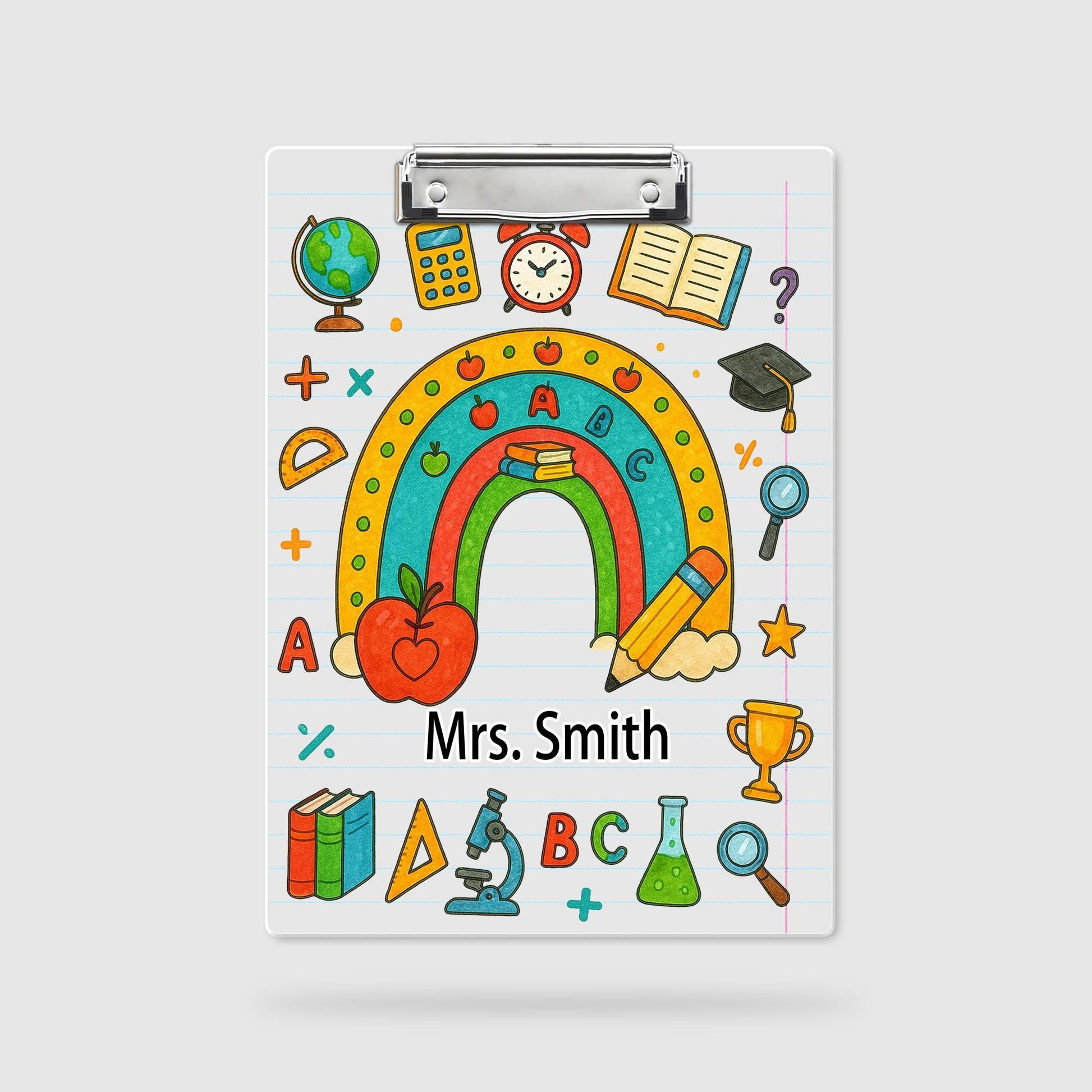 Personalized Teacher Clipboard with Rainbow and School Supplies – Custom Name Gift, Lined Paper Background, Cute Classroom Office Decor