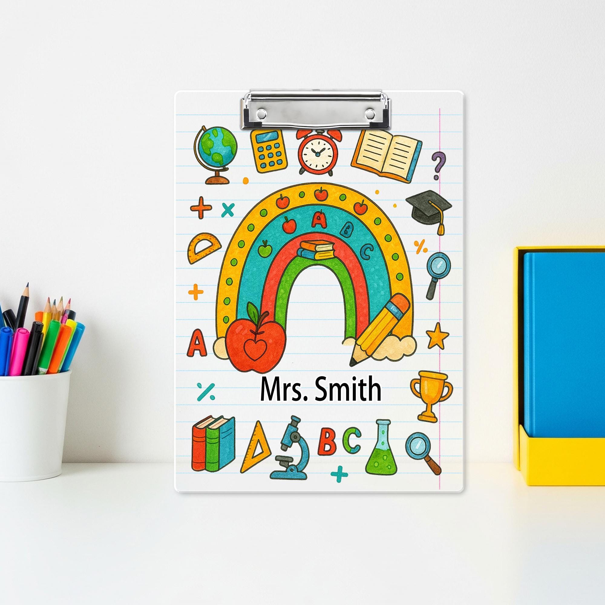 Personalized Teacher Clipboard with Rainbow and School Supplies – Custom Name Gift, Lined Paper Background, Cute Classroom Office Decor