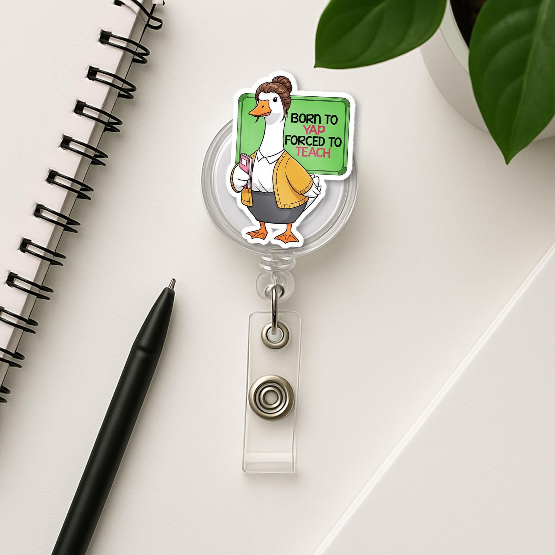 Funny Teacher Goose Badge Reel – “Born to Yap Forced to Teach” Cute ID Holder for Educators, Gift for Staff or Coworkers, Goose Badge Clip