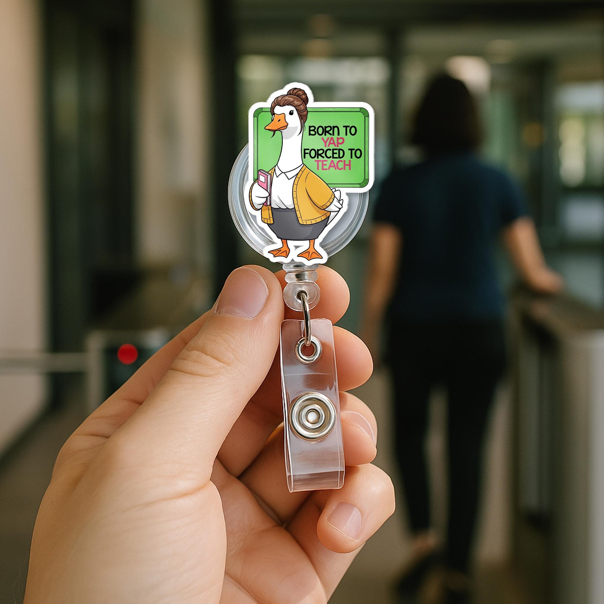 Funny Teacher Goose Badge Reel – “Born to Yap Forced to Teach” Cute ID Holder for Educators, Gift for Staff or Coworkers, Goose Badge Clip