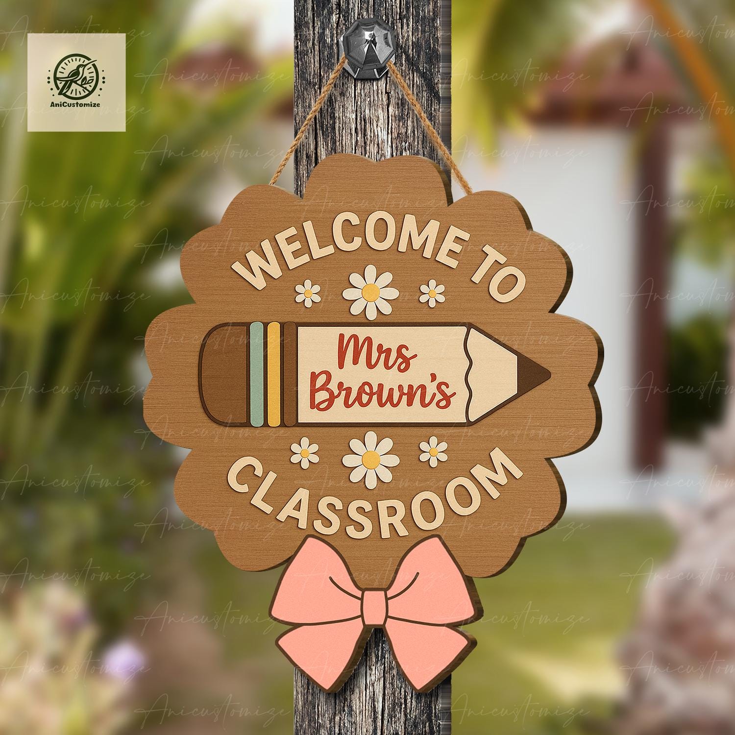 Personalized Welcome to Classroom Door Sign – Custom Teacher Name with Pencil, Daisy & Bow, Cute Wooden Back to School Door Hanger
