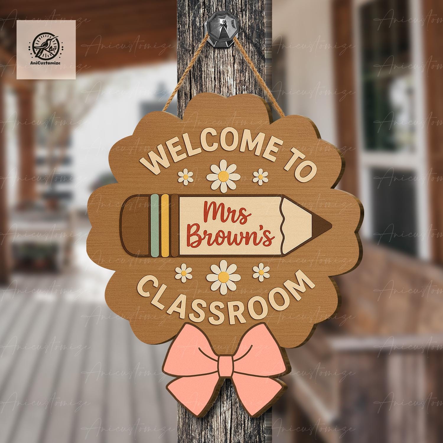 Personalized Welcome to Classroom Door Sign – Custom Teacher Name with Pencil, Daisy & Bow, Cute Wooden Back to School Door Hanger