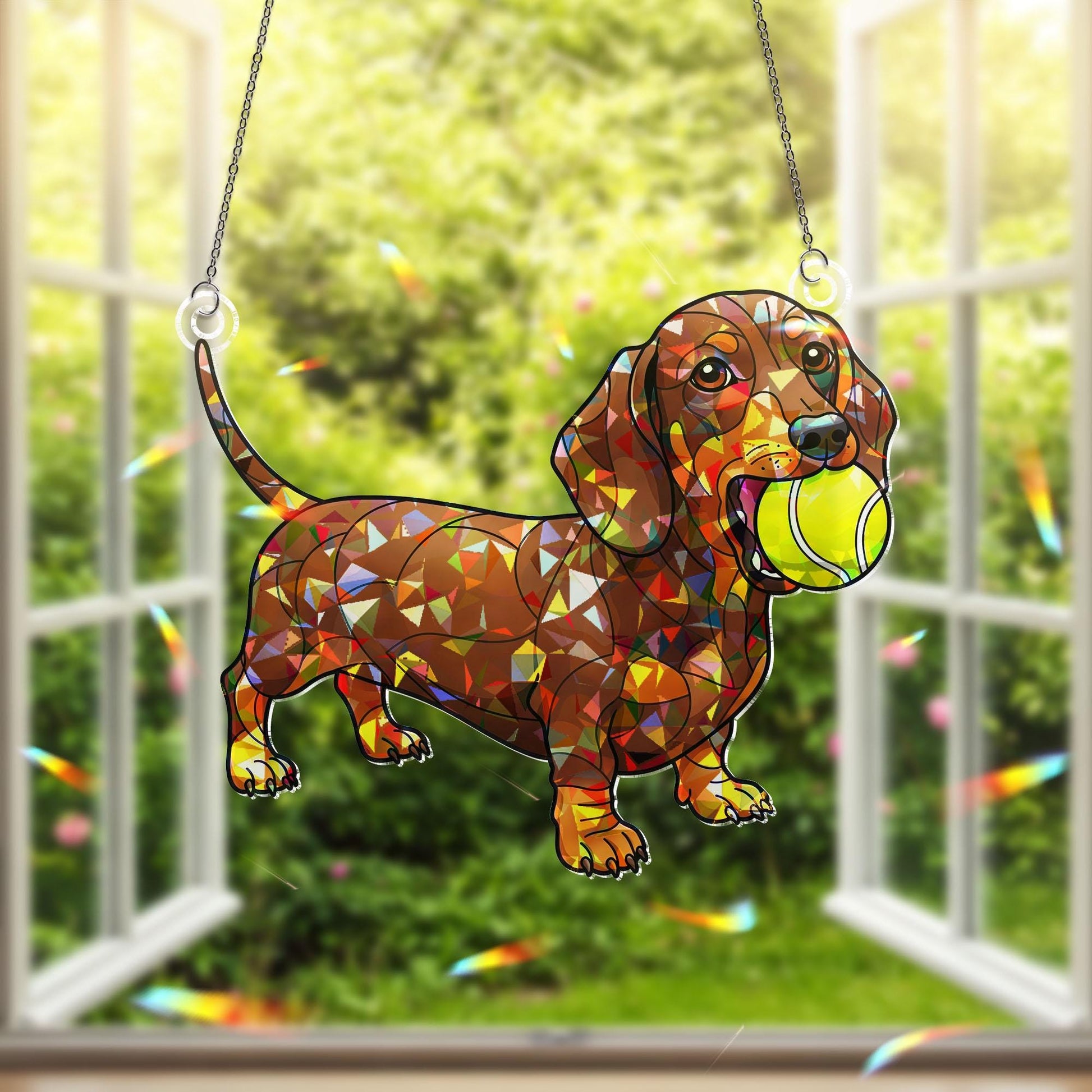 Dachshund Dog with Tennis Ball Acrylic Window Hanging Ornament, Pet Lover Gift, Colorful Weiner Dog Decor, Pet Lover Home Decor Art