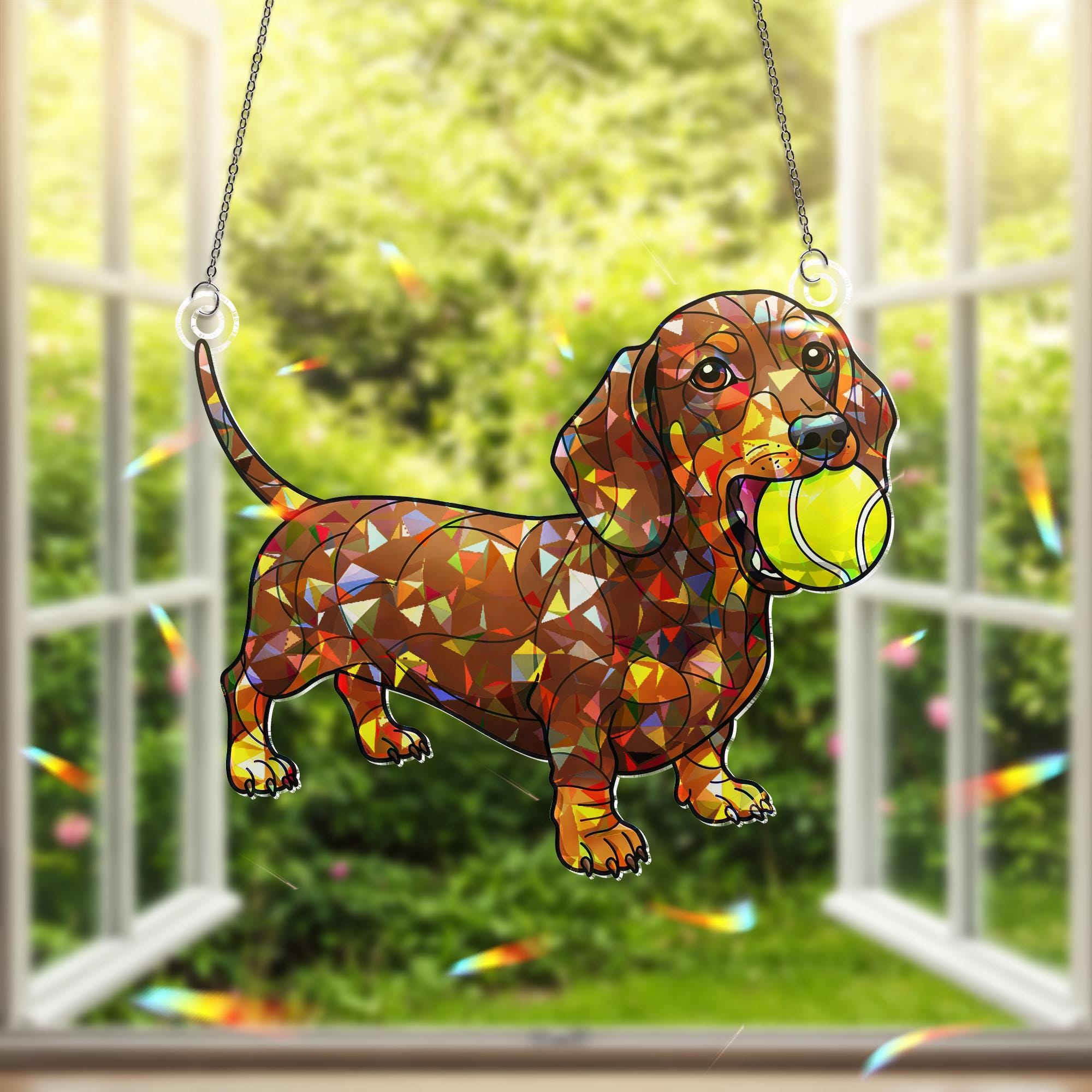 Dachshund Dog with Tennis Ball Acrylic Window Hanging Ornament, Pet Lover Gift, Colorful Weiner Dog Decor, Pet Lover Home Decor Art