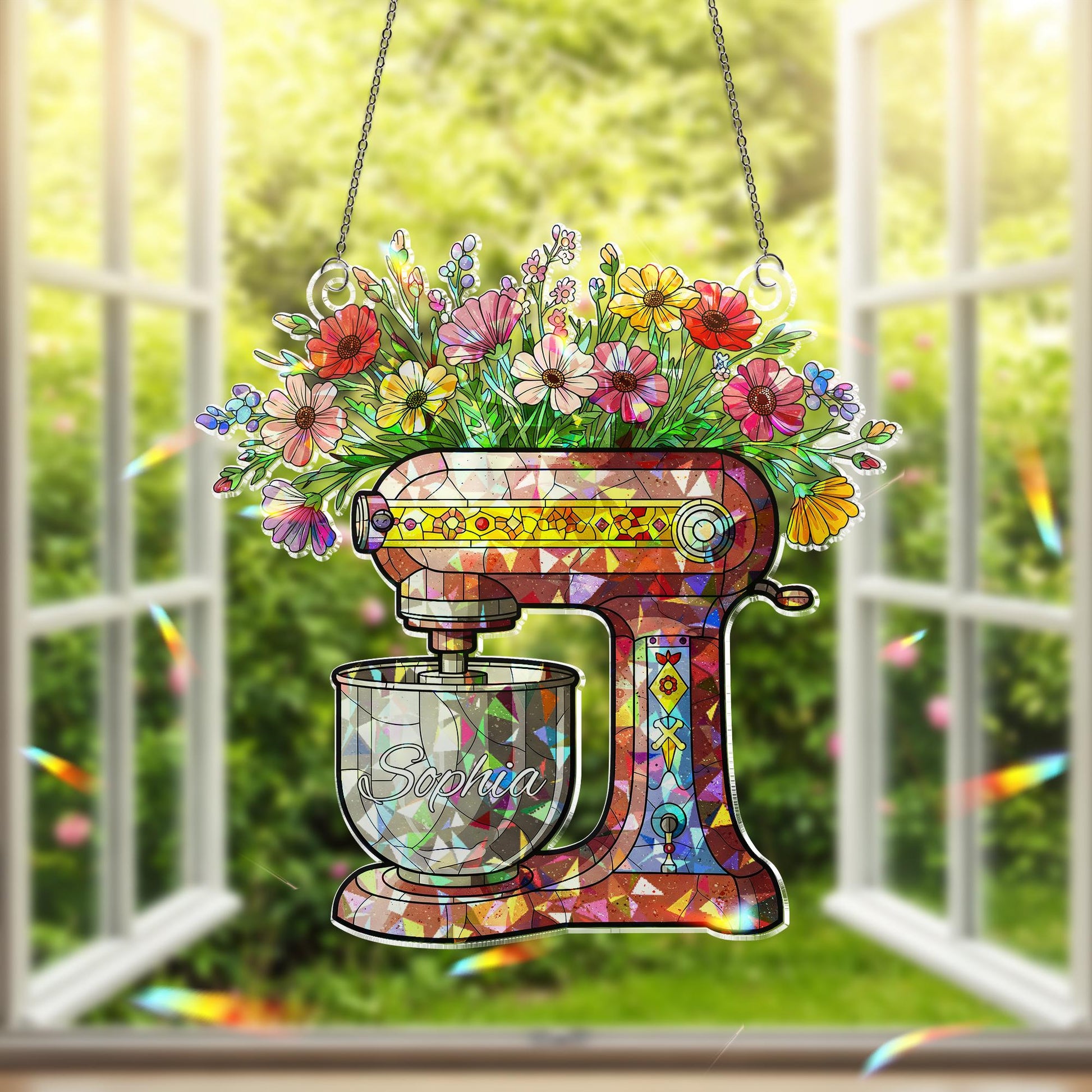 Personalized Mixer & Flowers Acrylic Window Hanging Ornament, Custom Name Kitchen Decor, Unique Baker Gift Idea, Mom Grandma Gift