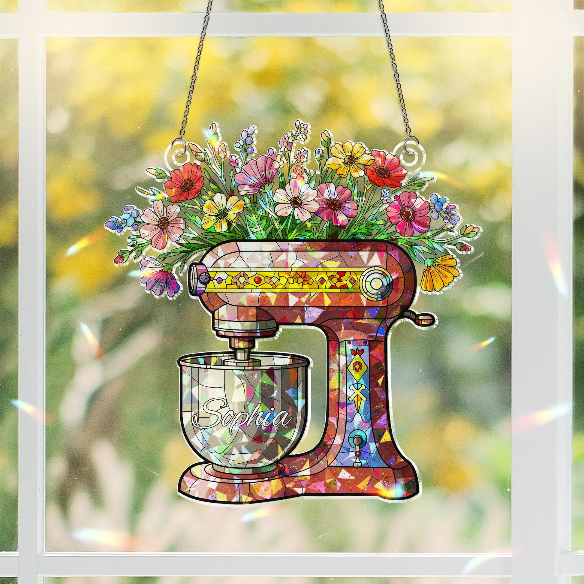 Personalized Mixer & Flowers Acrylic Window Hanging Ornament, Custom Name Kitchen Decor, Unique Baker Gift Idea, Mom Grandma Gift