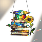 Graduation Hologram Acrylic Window Hanging – Stained Glass Style Books & Cap Suncatcher, Teacher Gift, Graduate Decor, Sunflower Keepsake
