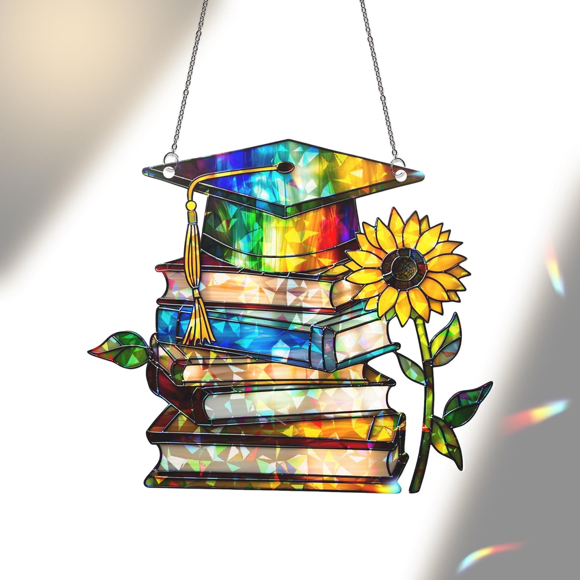 Graduation Hologram Acrylic Window Hanging – Stained Glass Style Books & Cap Suncatcher, Teacher Gift, Graduate Decor, Sunflower Keepsake