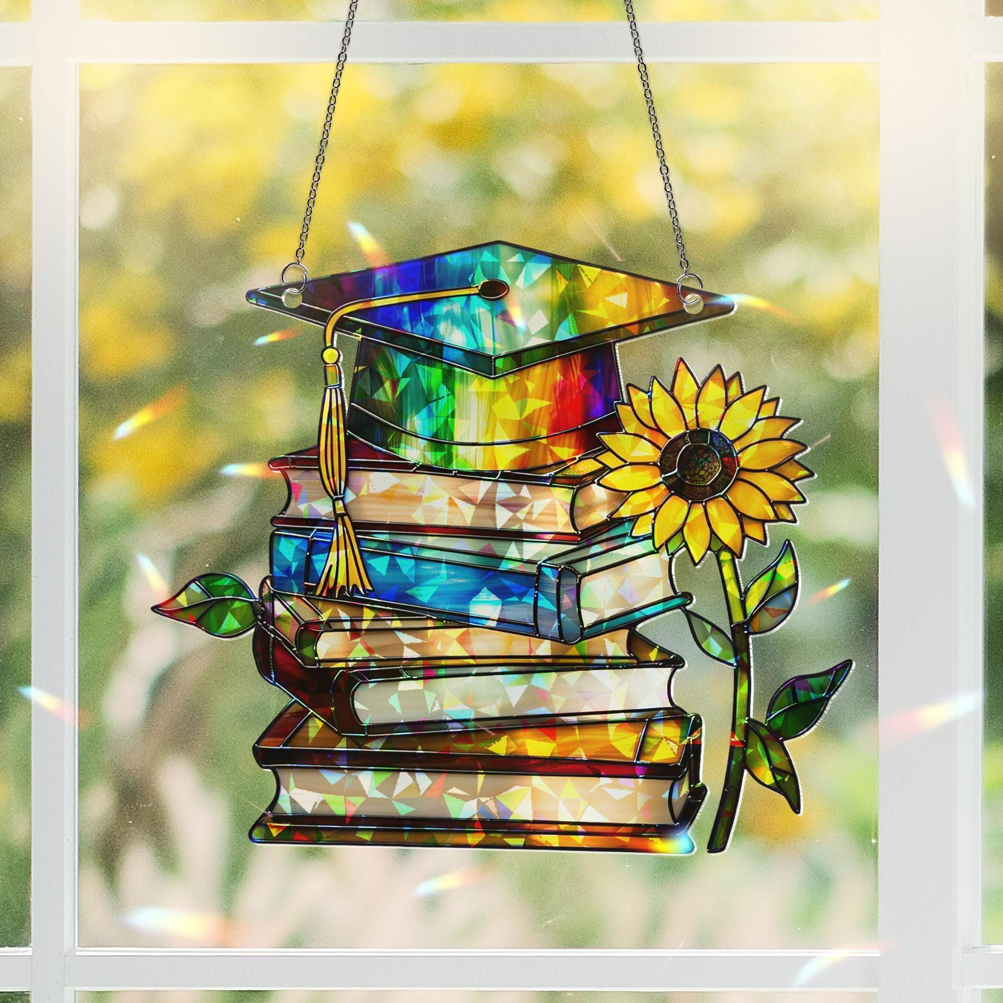 Graduation Hologram Acrylic Window Hanging – Stained Glass Style Books & Cap Suncatcher, Teacher Gift, Graduate Decor, Sunflower Keepsake