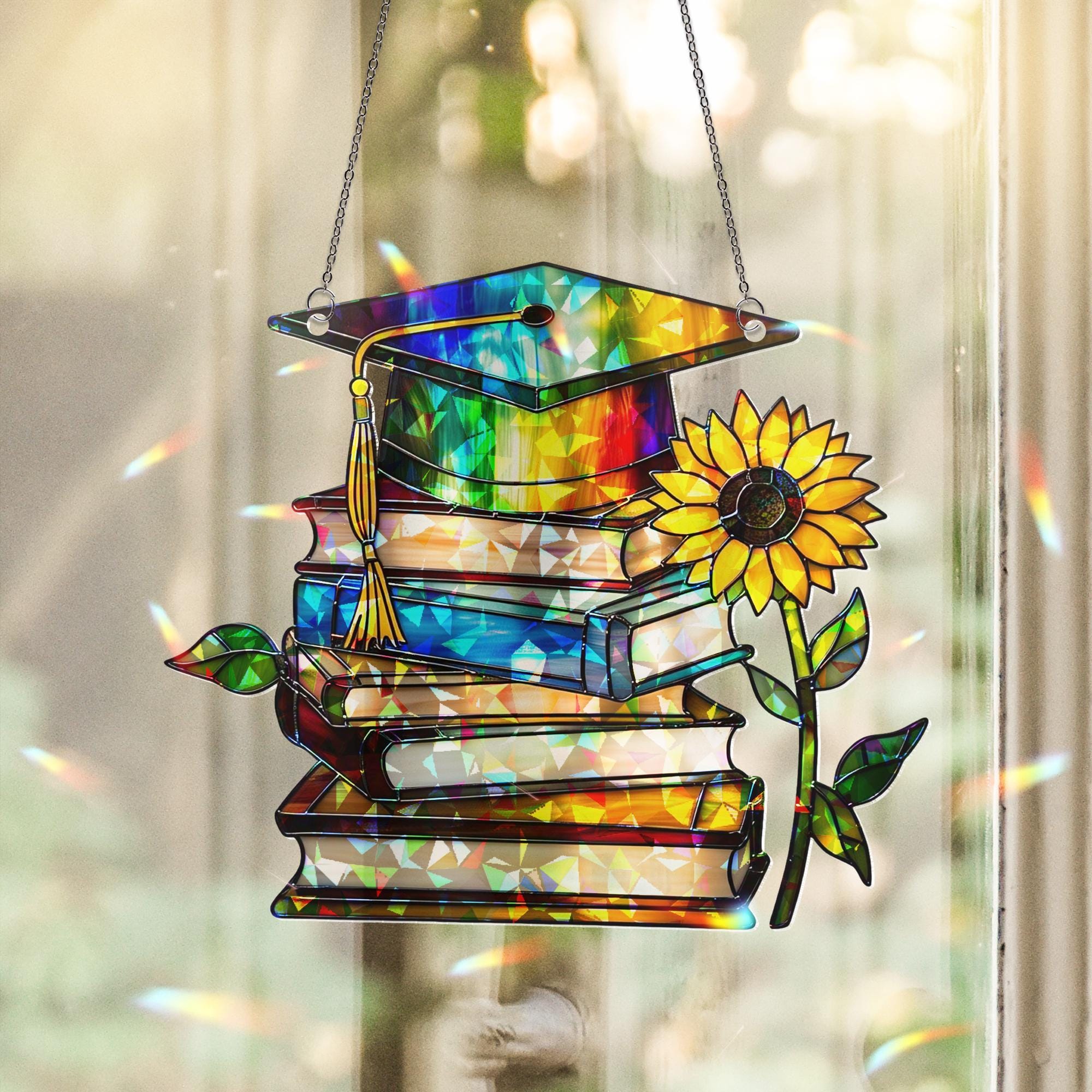 Graduation Hologram Acrylic Window Hanging – Stained Glass Style Books & Cap Suncatcher, Teacher Gift, Graduate Decor, Sunflower Keepsake
