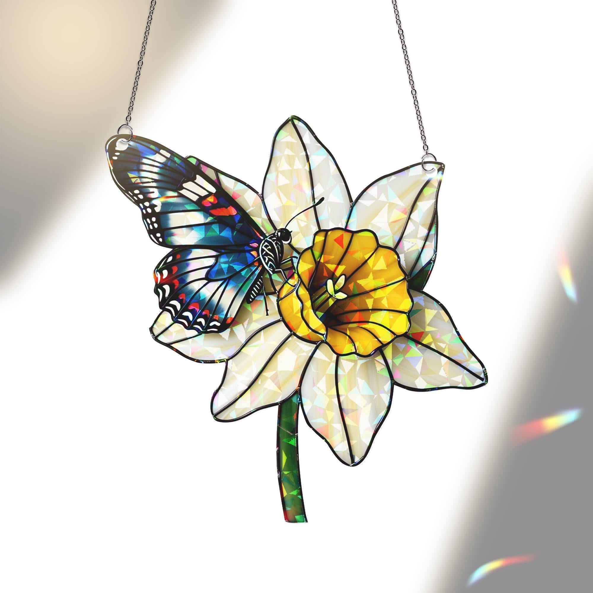 Butterfly & Daffodil Acrylic Window Hanging Ornament, Floral Nature Home Decor, Spring Garden Gift Idea, Gift For Her, Butterfly Lover