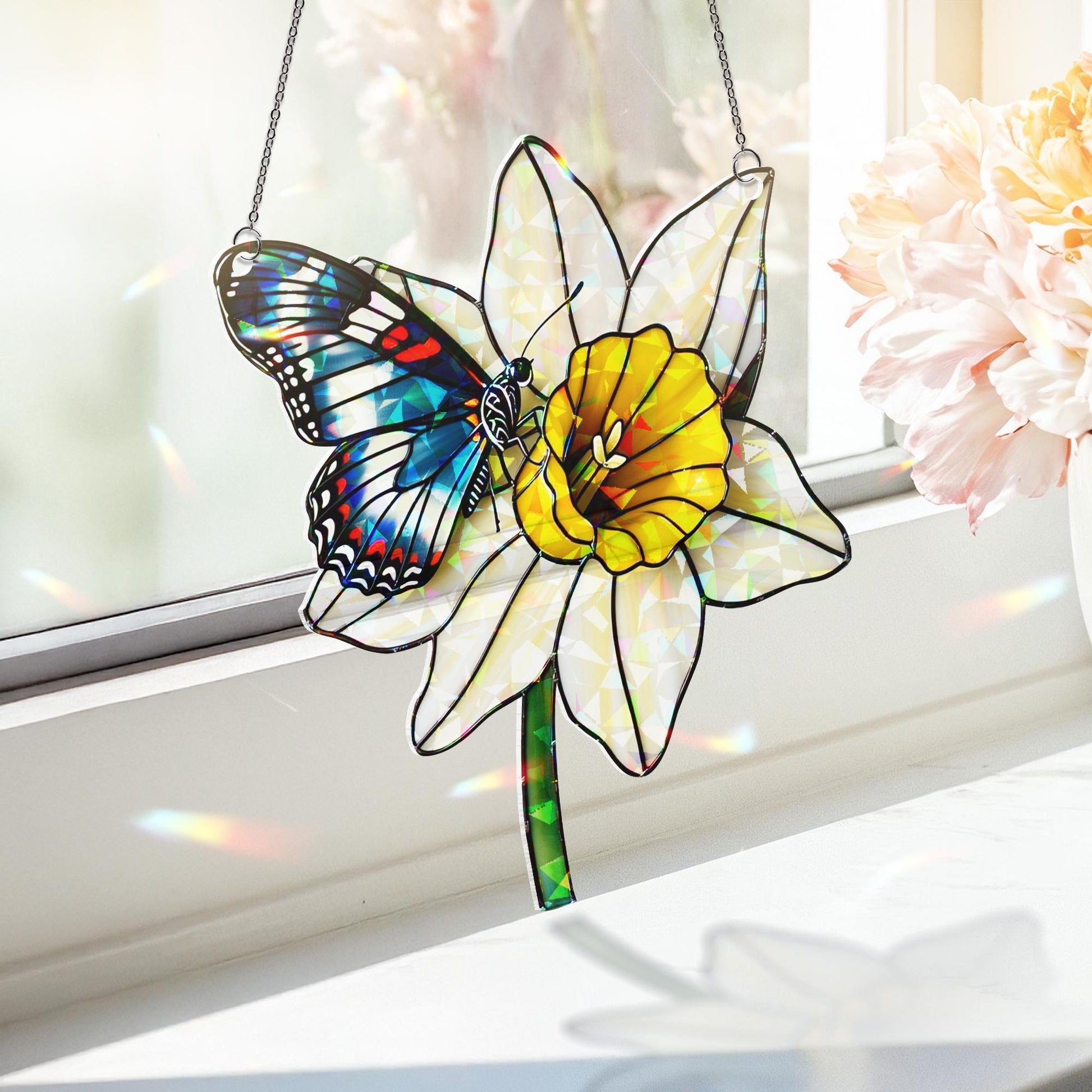 Butterfly & Daffodil Acrylic Window Hanging Ornament, Floral Nature Home Decor, Spring Garden Gift Idea, Gift For Her, Butterfly Lover