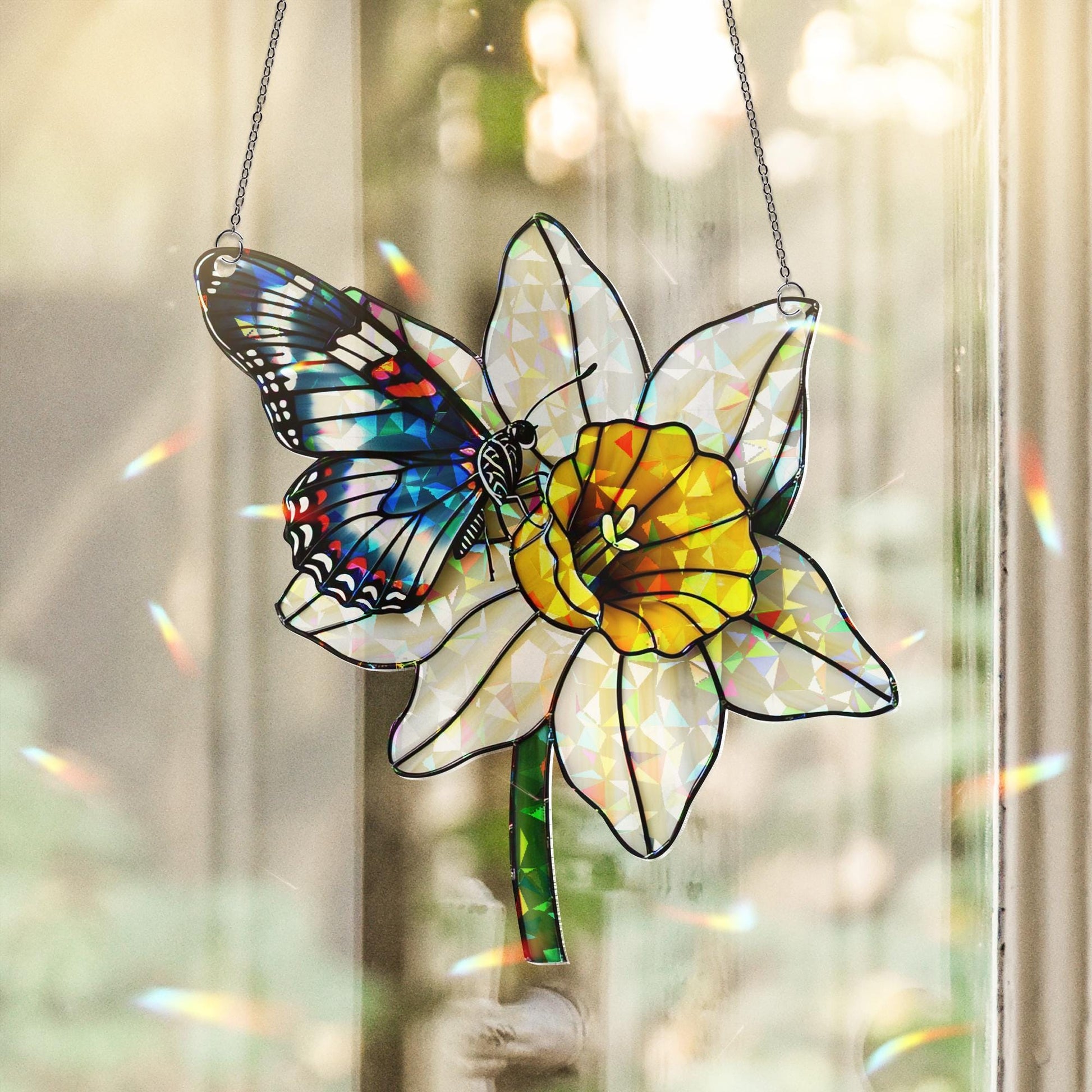 Butterfly & Daffodil Acrylic Window Hanging Ornament, Floral Nature Home Decor, Spring Garden Gift Idea, Gift For Her, Butterfly Lover