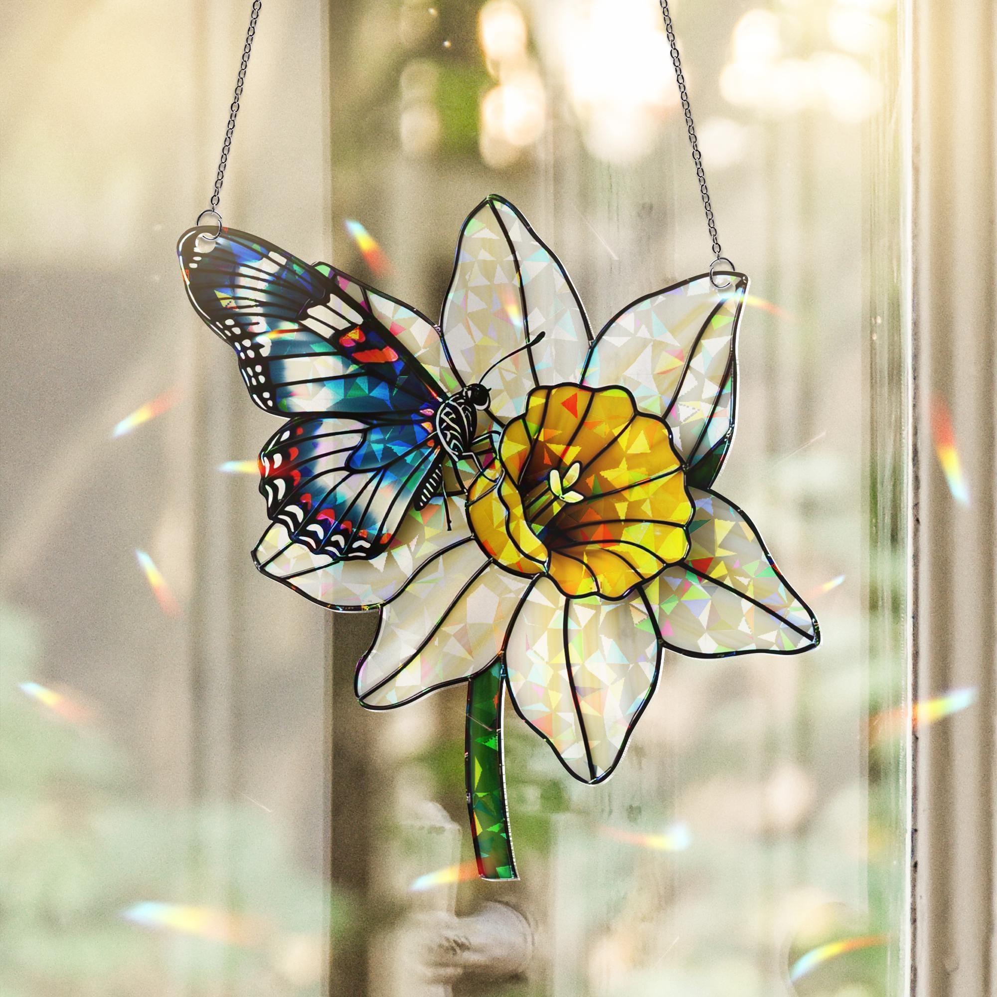 Butterfly & Daffodil Acrylic Window Hanging Ornament, Floral Nature Home Decor, Spring Garden Gift Idea, Gift For Her, Butterfly Lover