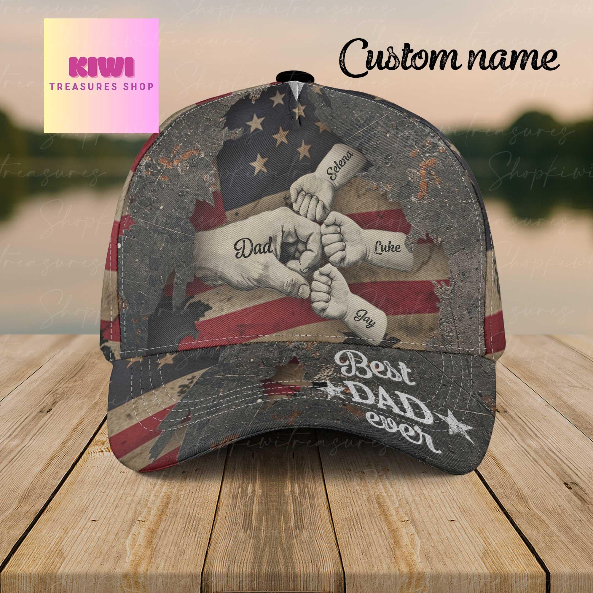 Custom Fist Bump Dad Hat with Kids' Names, Best Dad Ever Cap, Personalized Papa Gift for Father's Day or 4th of July Patriotic Style