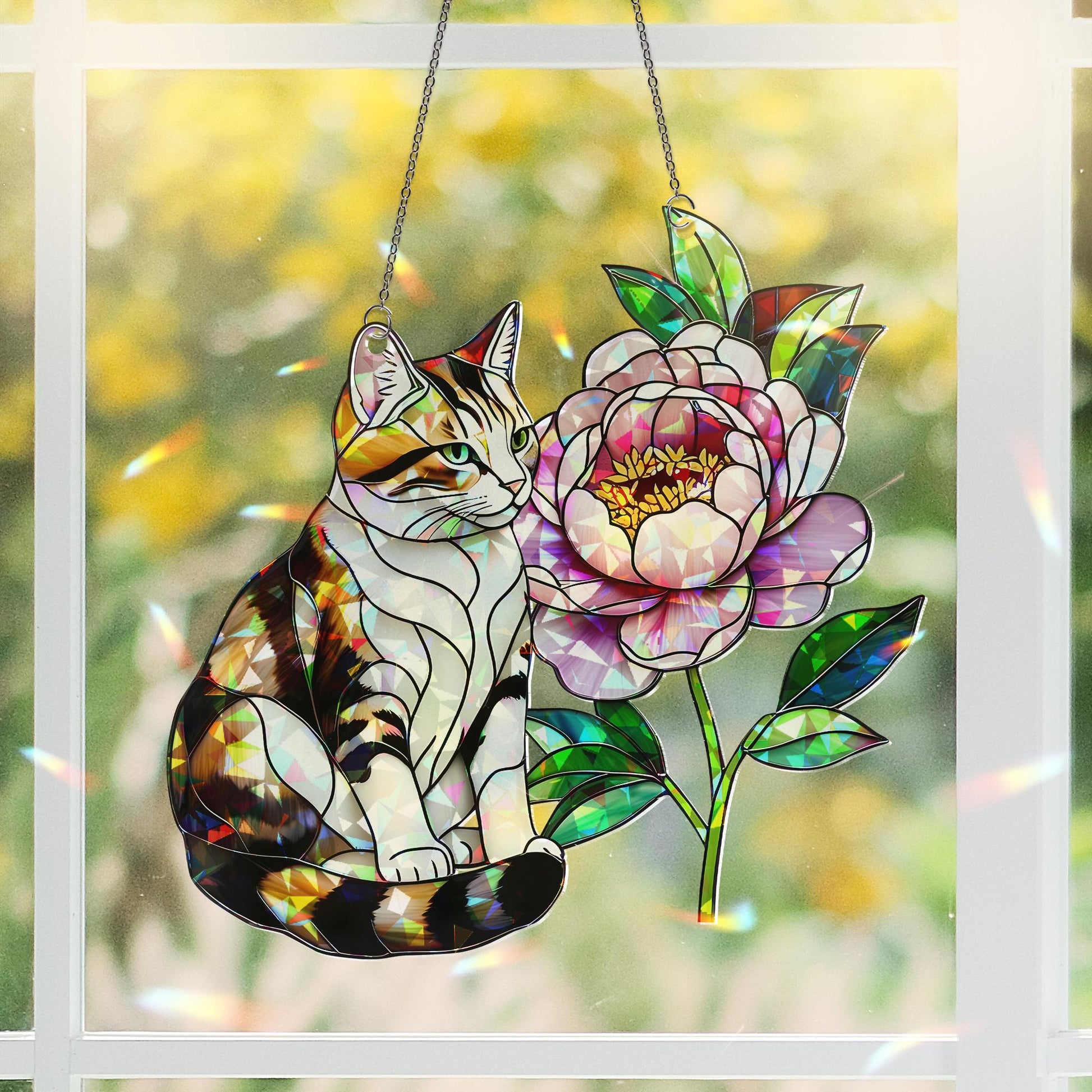 Cat and Peony Acrylic Window Hanging Ornament, Cat Lover Pet Memorial Home Decor Gift, Unique Cat Lover Gift, Home Decor Accent