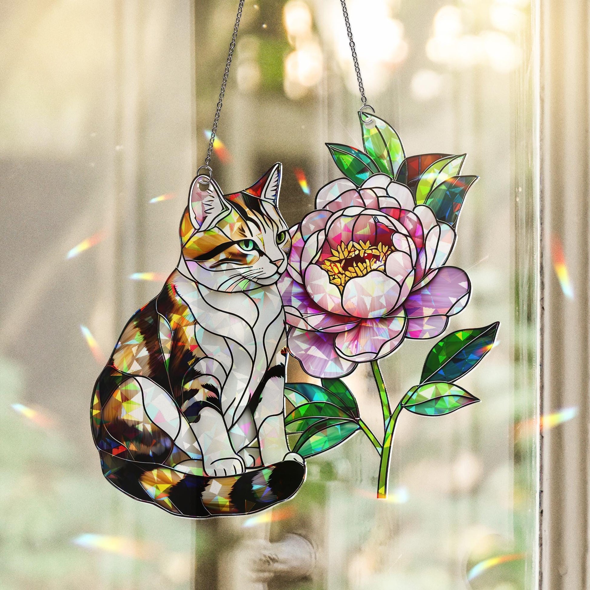 Cat and Peony Acrylic Window Hanging Ornament, Cat Lover Pet Memorial Home Decor Gift, Unique Cat Lover Gift, Home Decor Accent