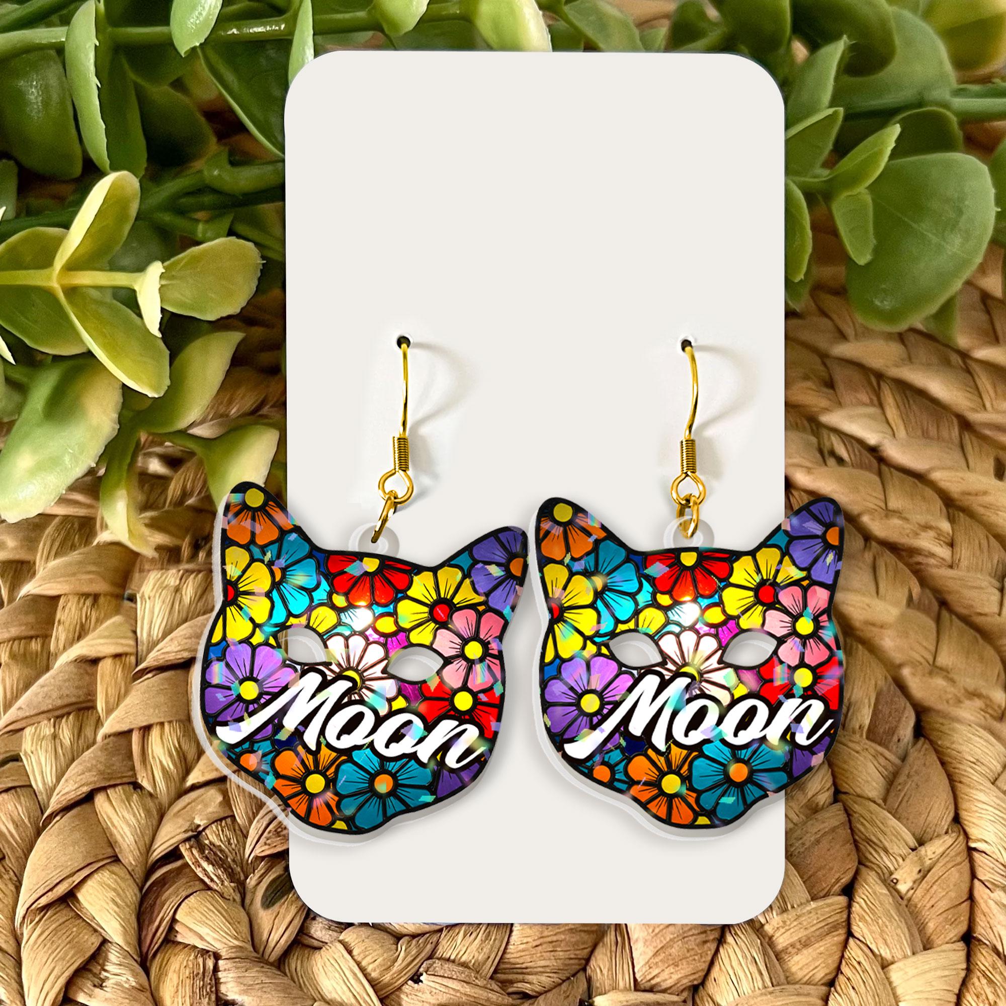 Custom Floral Cat Earrings, "Moon" Cat Lover Gift, Whimsical Feline Jewelry, Bright Flower Pattern Dangle Earrings, Unique Pet Owner Gift