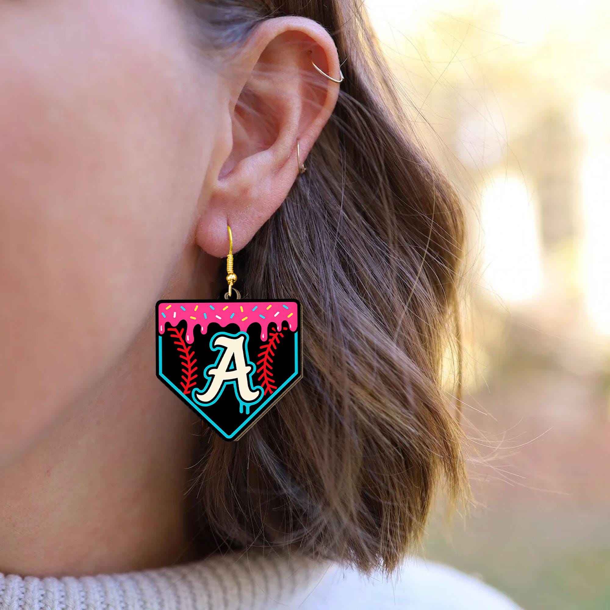 Personalized Baseball Letter Earrings, Sporty Chic Fun Game Day Jewelry, Unique Gift for Player Fan, Custom Letter Gift For Baseball Lover