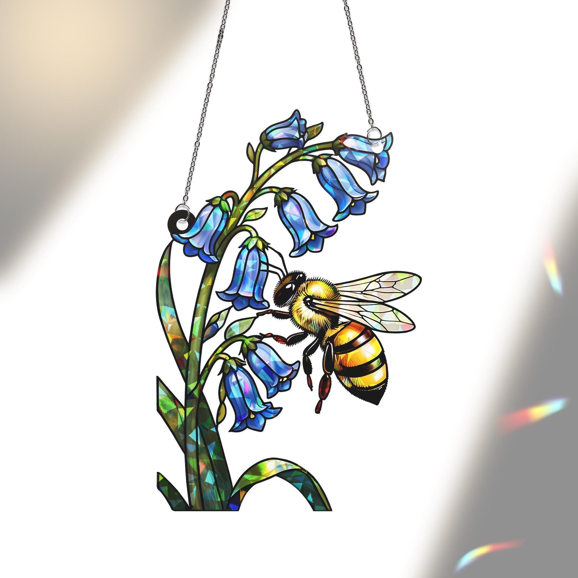 Bee And Flowers Hologram Acrylic Window Hanging – Bluebell Flower Window Hanging, Garden Nature Decor, Cute Insect Gift, Bee Lovers