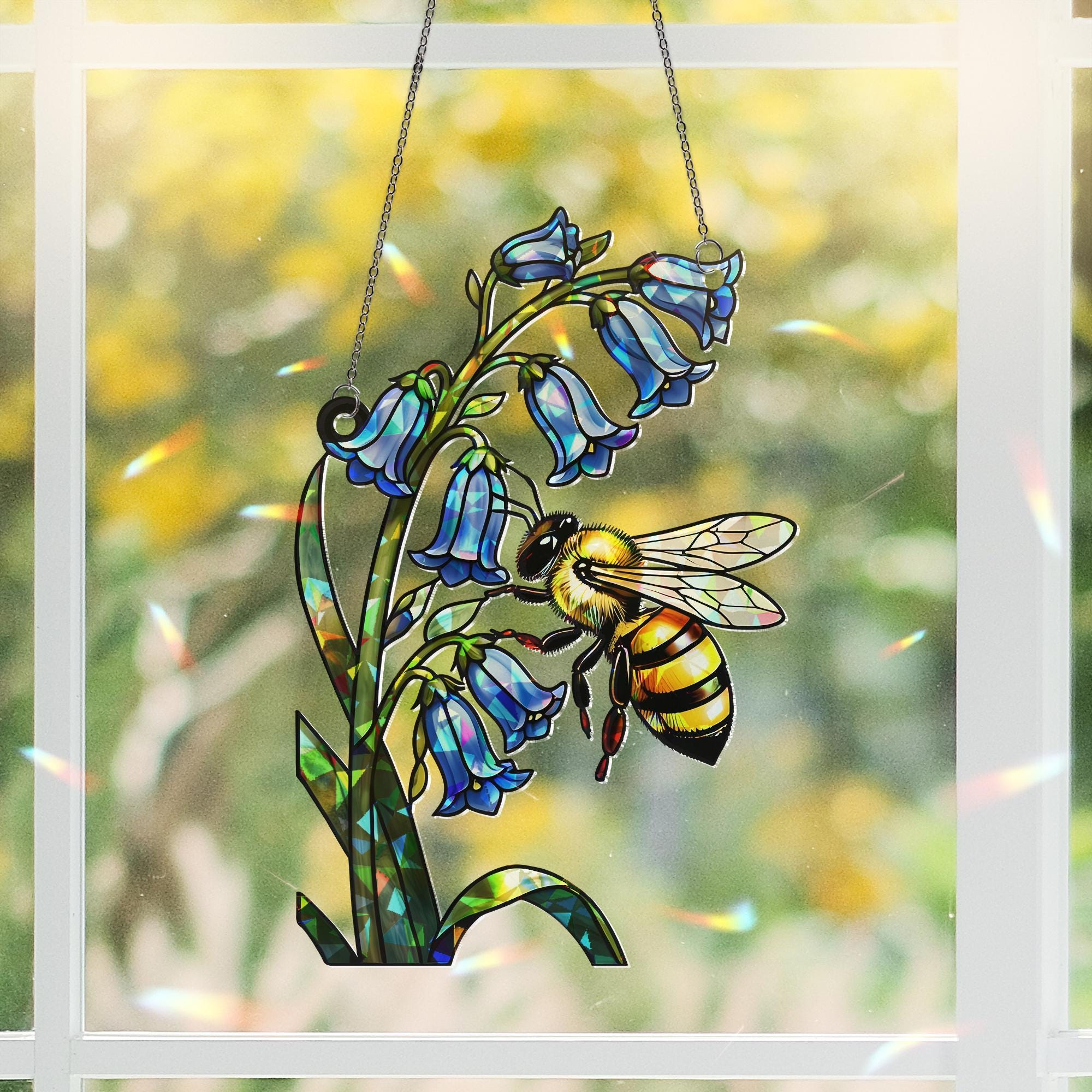 Bee And Flowers Hologram Acrylic Window Hanging – Bluebell Flower Window Hanging, Garden Nature Decor, Cute Insect Gift, Bee Lovers
