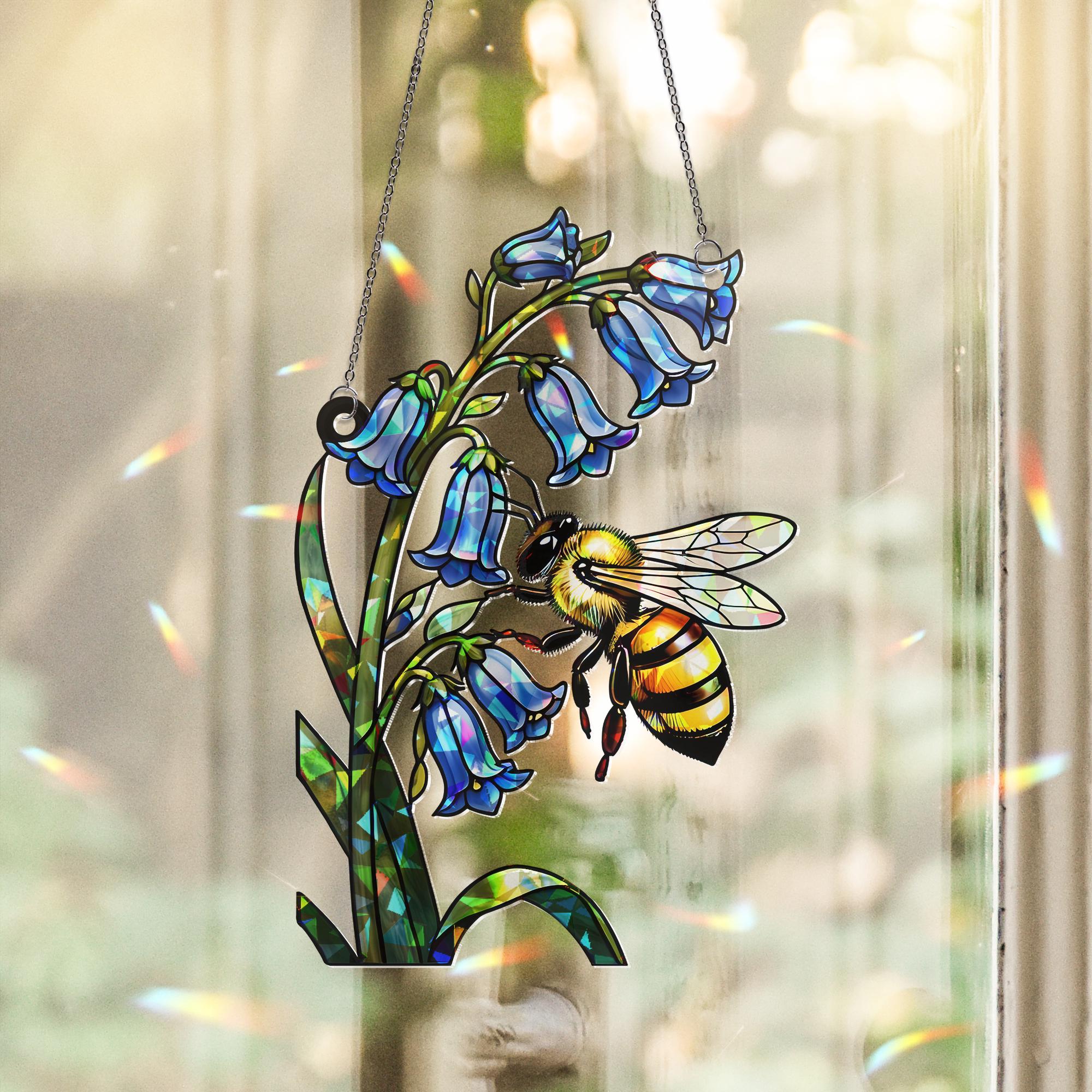 Bee And Flowers Hologram Acrylic Window Hanging – Bluebell Flower Window Hanging, Garden Nature Decor, Cute Insect Gift, Bee Lovers