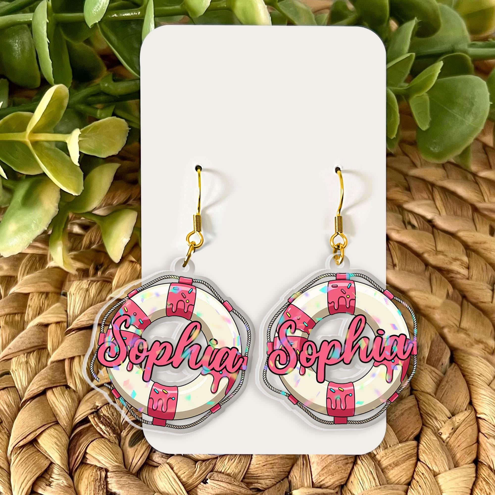 Personalized Lifebuoy Earrings, Custom Name Nautical Dangle Earrings, Summer Beach Jewelry, Cute Lifesaver Pool Party Accessory Gift