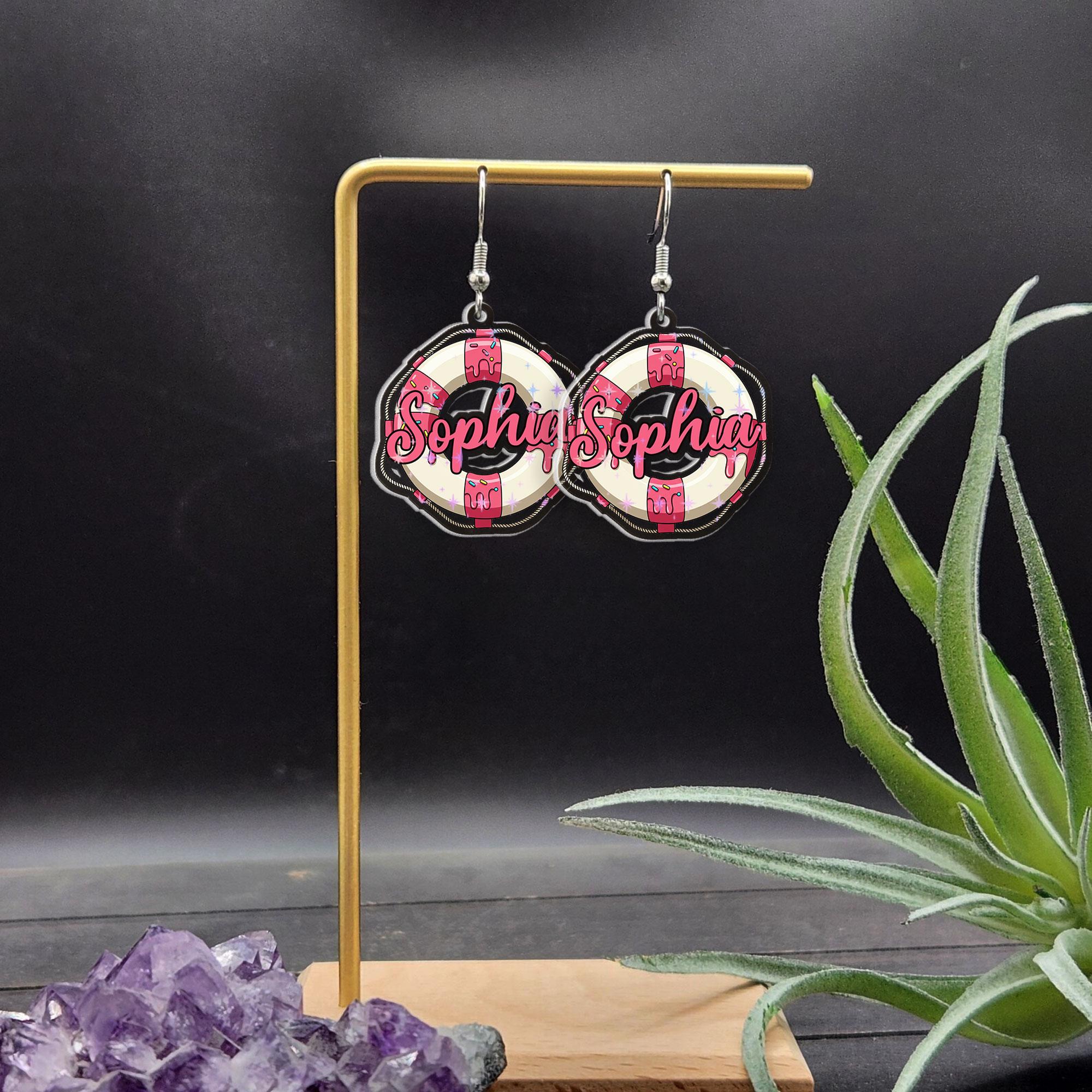 Personalized Lifebuoy Earrings, Custom Name Nautical Dangle Earrings, Summer Beach Jewelry, Cute Lifesaver Pool Party Accessory Gift