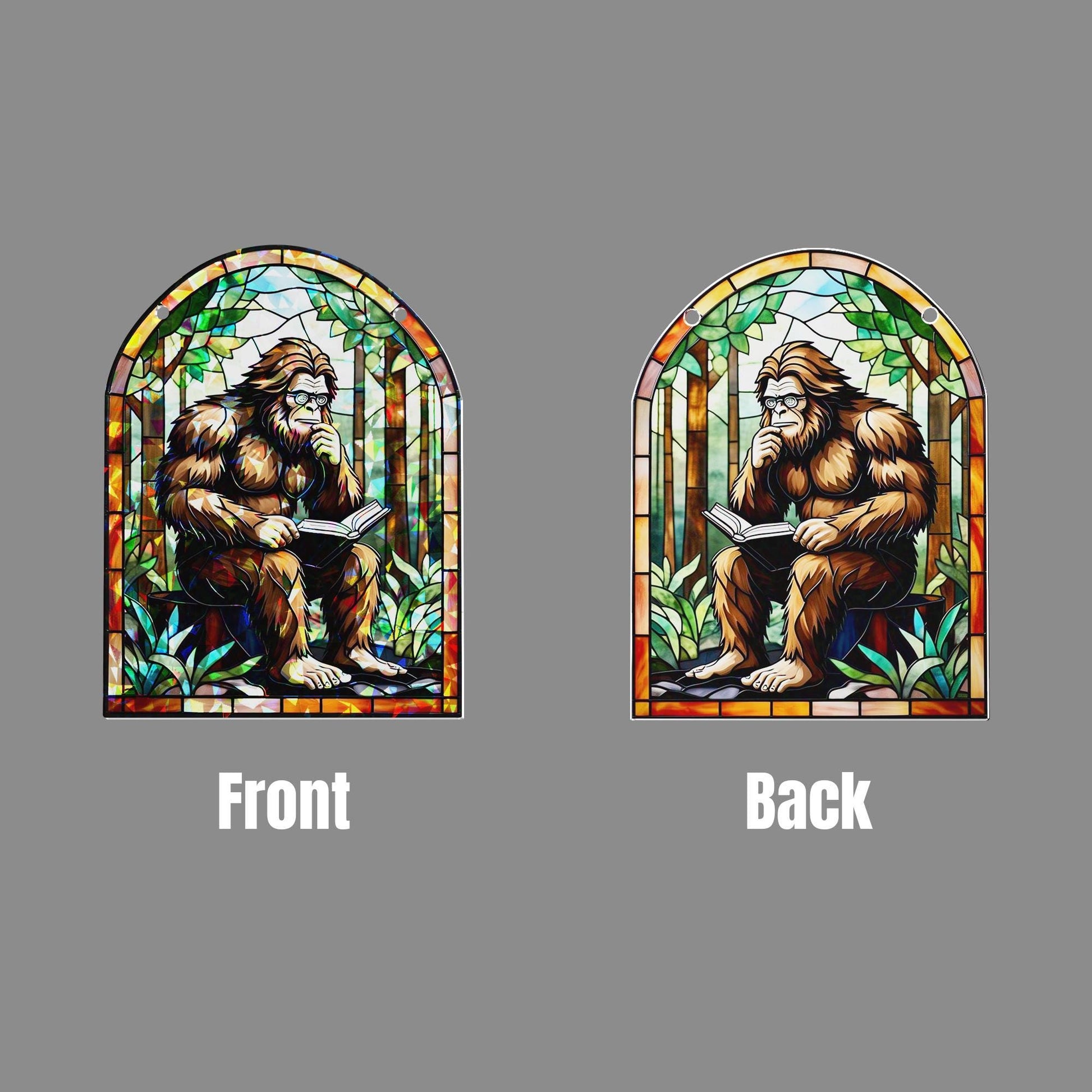 Funny Bigfoot Hologram Window Hanging – Holographic Acrylic Sasquatch Reading Book, Nerdy Cryptid Decor, Forest Gift for Readers