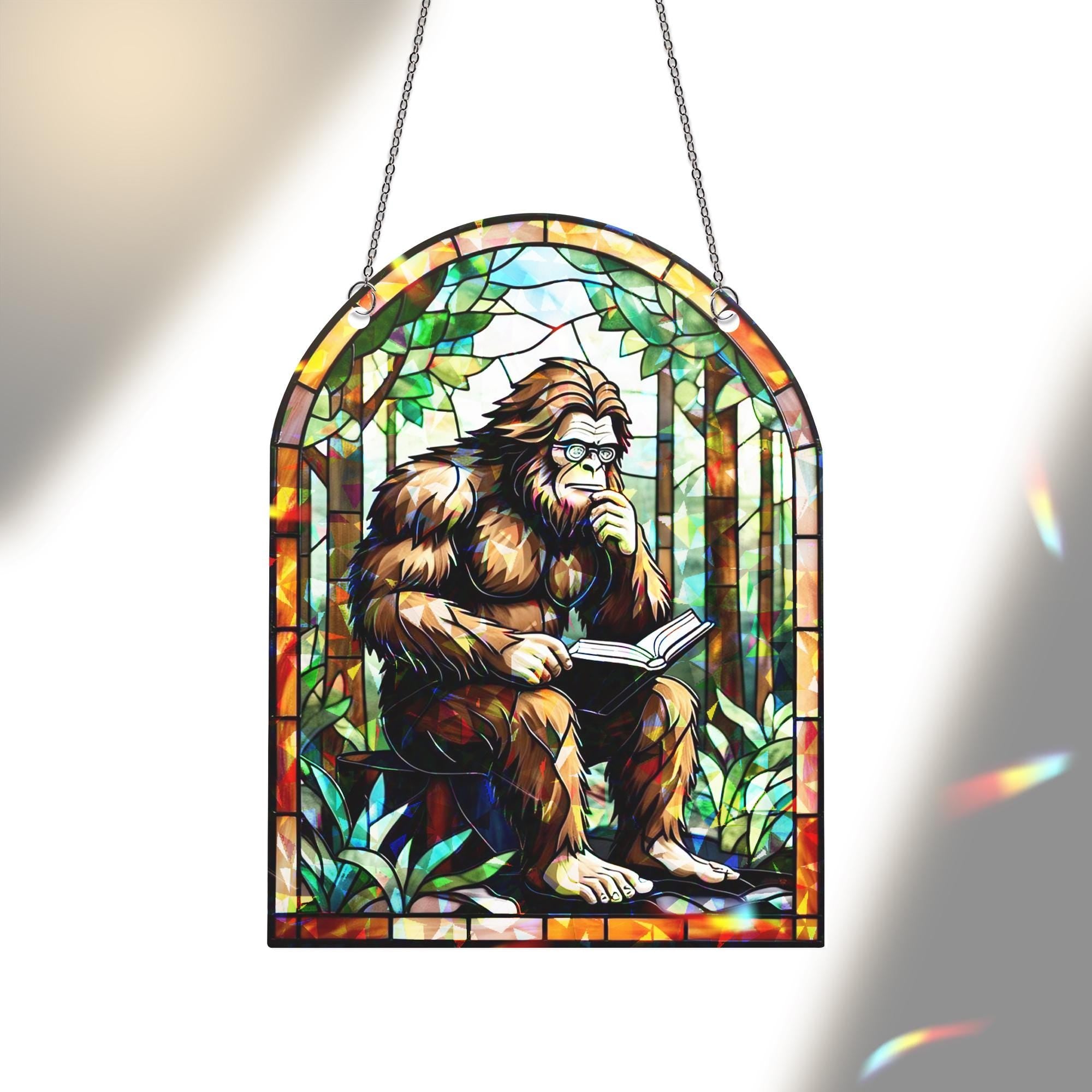 Funny Bigfoot Hologram Window Hanging – Holographic Acrylic Sasquatch Reading Book, Nerdy Cryptid Decor, Forest Gift for Readers