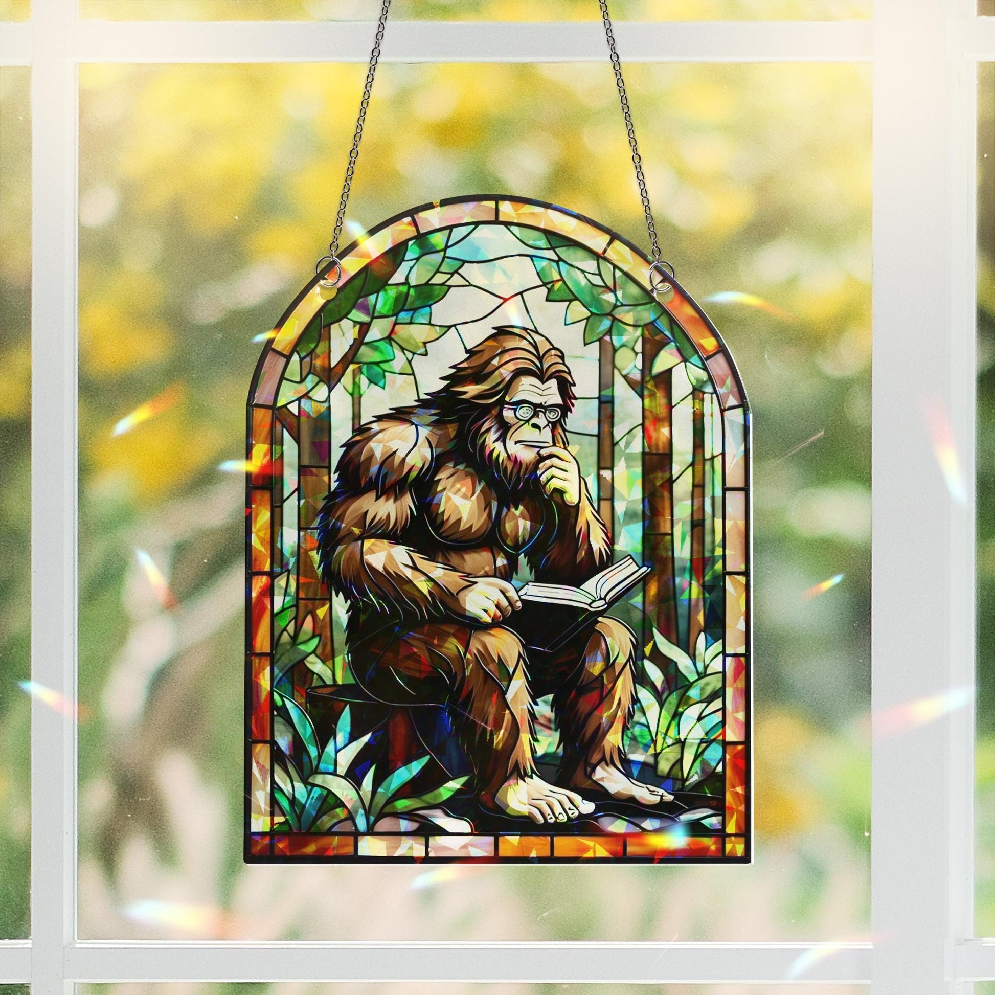 Funny Bigfoot Hologram Window Hanging – Holographic Acrylic Sasquatch Reading Book, Nerdy Cryptid Decor, Forest Gift for Readers
