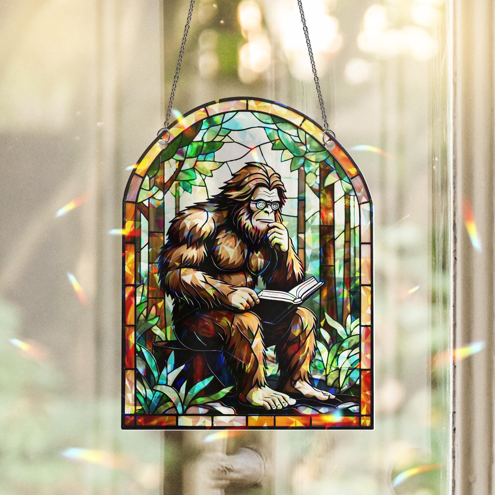 Funny Bigfoot Hologram Window Hanging – Holographic Acrylic Sasquatch Reading Book, Nerdy Cryptid Decor, Forest Gift for Readers