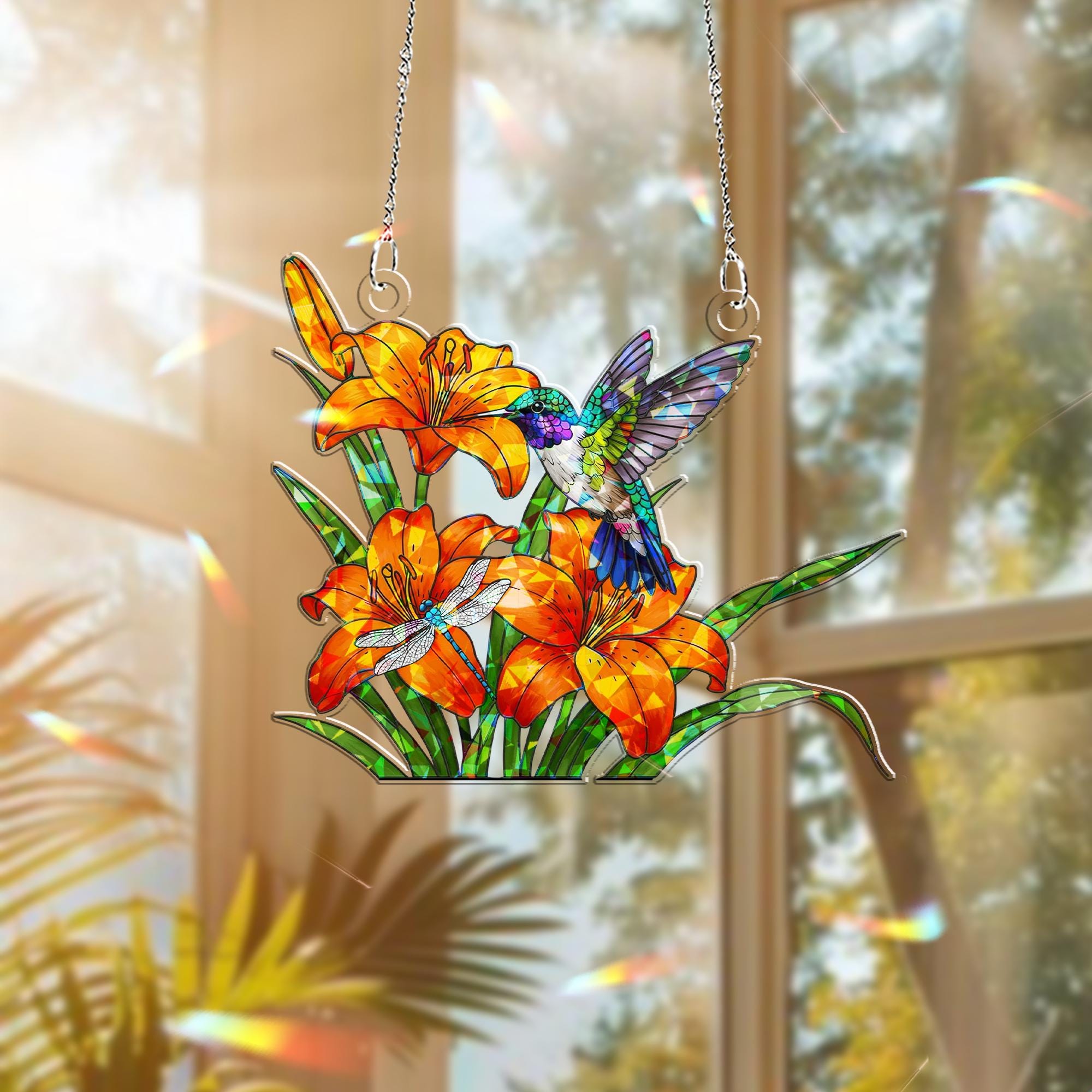 Hummingbird with Butterfly Hologram Window Hanging – Acrylic Floral Decor – Mother’s Day Gift – Bird & Flower Lover Home Art