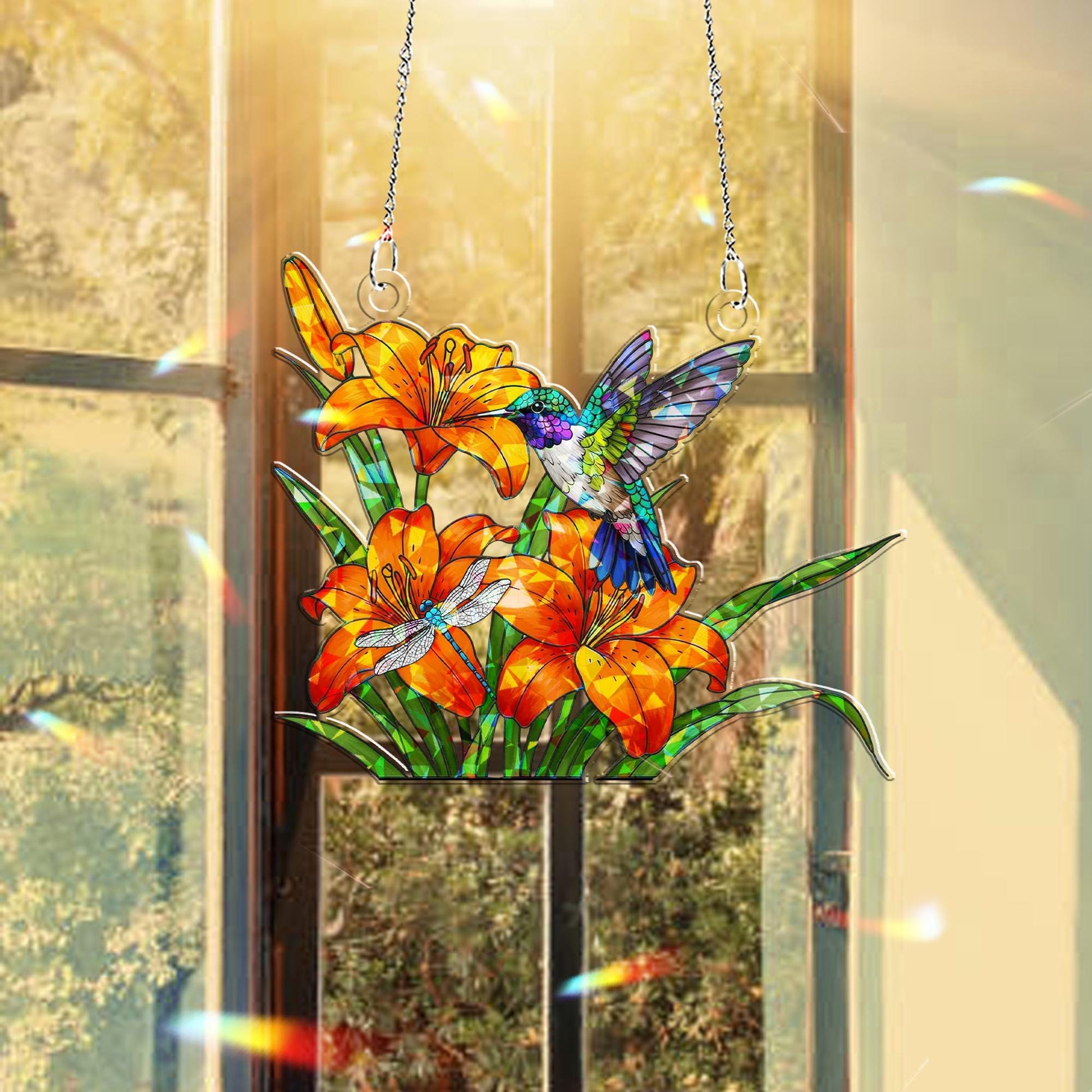 Hummingbird with Butterfly Hologram Window Hanging – Acrylic Floral Decor – Mother’s Day Gift – Bird & Flower Lover Home Art
