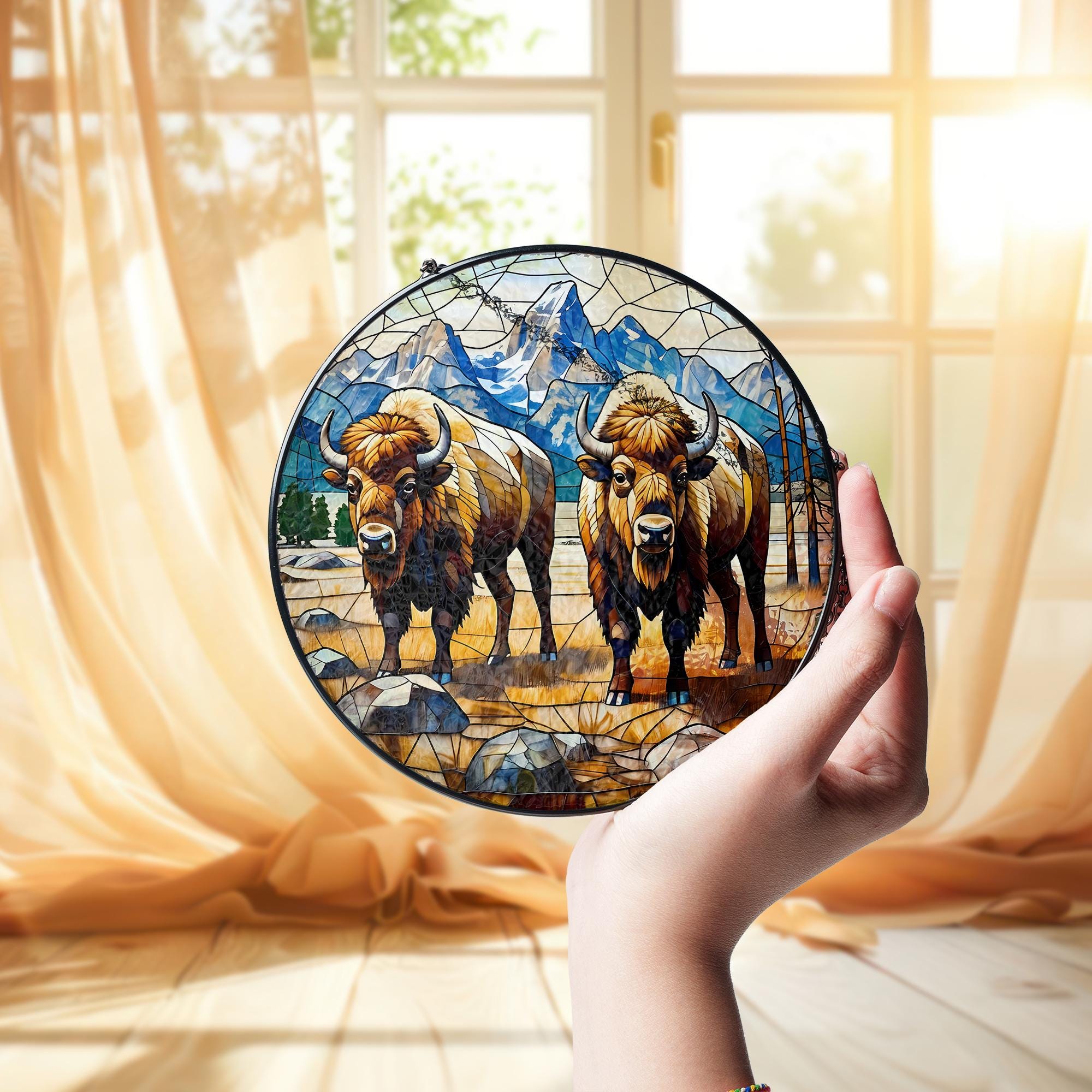 Bison Buffalo Glass Suncatcher – Western Bison Suncatcher, Rustic Wildlife Decor, Nature Lover Gift for Cabin, Home Gift, Gift For Mom