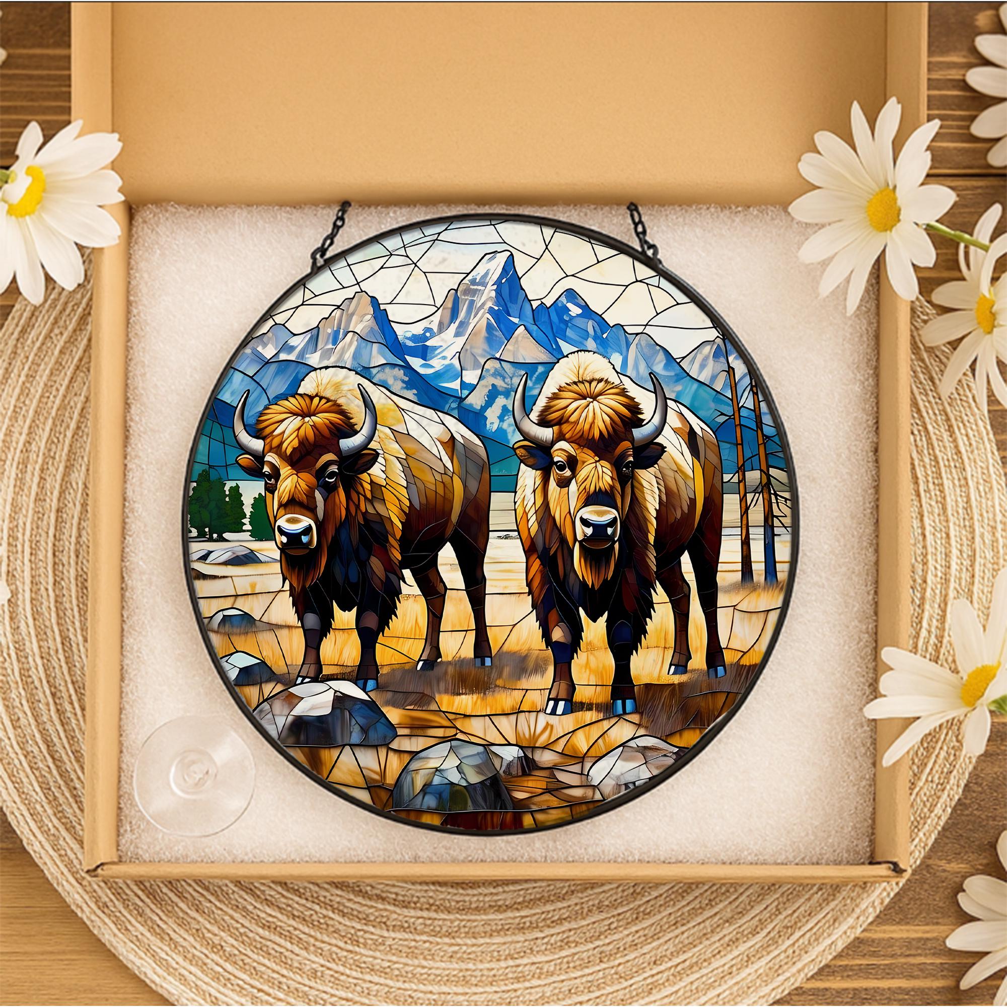 Bison Buffalo Glass Suncatcher – Western Bison Suncatcher, Rustic Wildlife Decor, Nature Lover Gift for Cabin, Home Gift, Gift For Mom