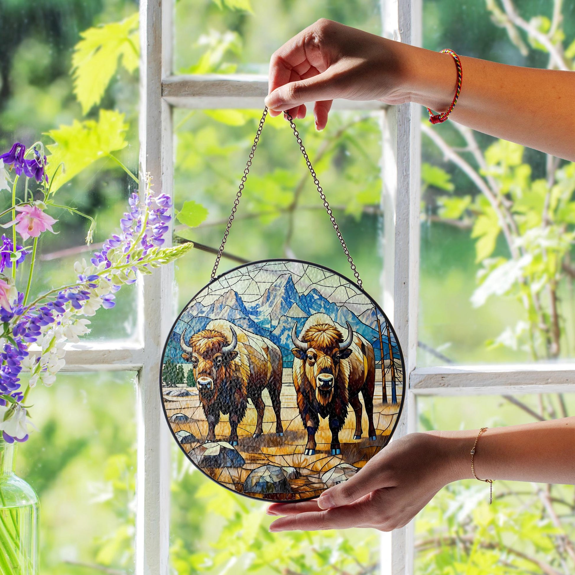 Bison Buffalo Glass Suncatcher – Western Bison Suncatcher, Rustic Wildlife Decor, Nature Lover Gift for Cabin, Home Gift, Gift For Mom