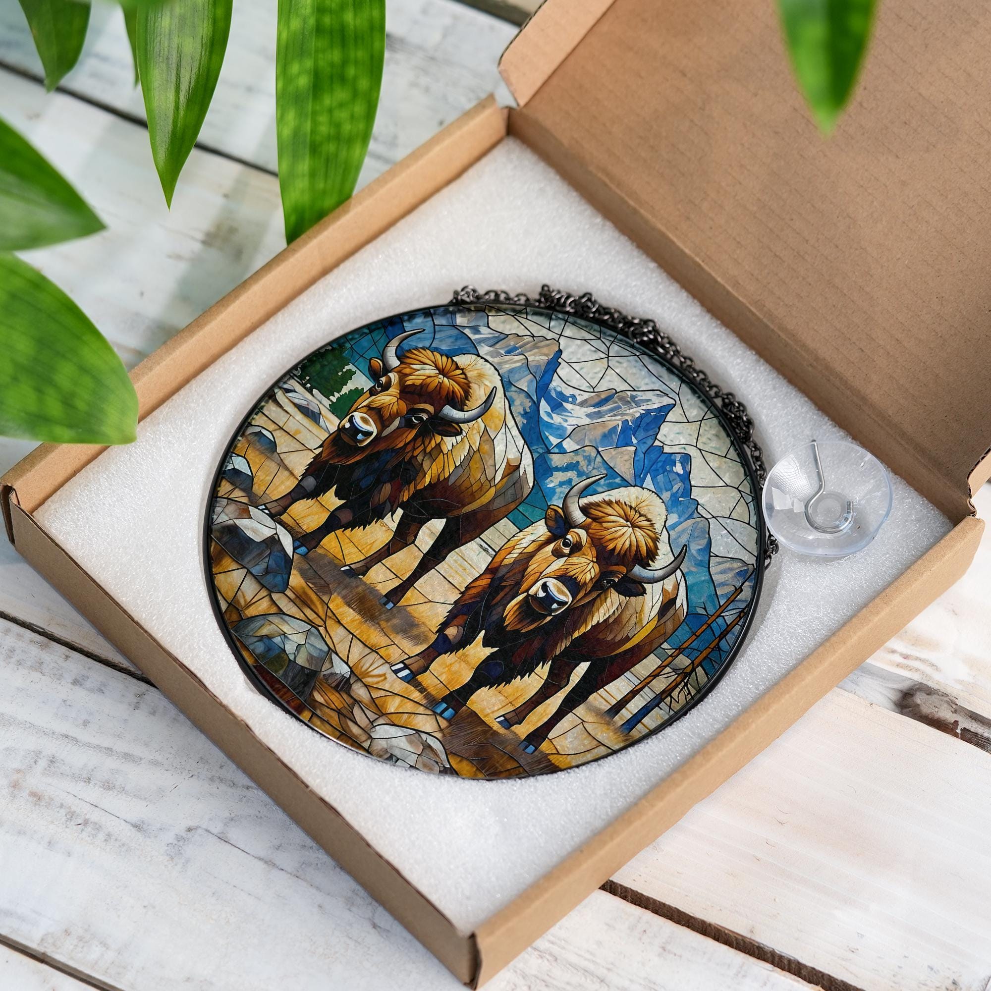 Bison Buffalo Glass Suncatcher – Western Bison Suncatcher, Rustic Wildlife Decor, Nature Lover Gift for Cabin, Home Gift, Gift For Mom