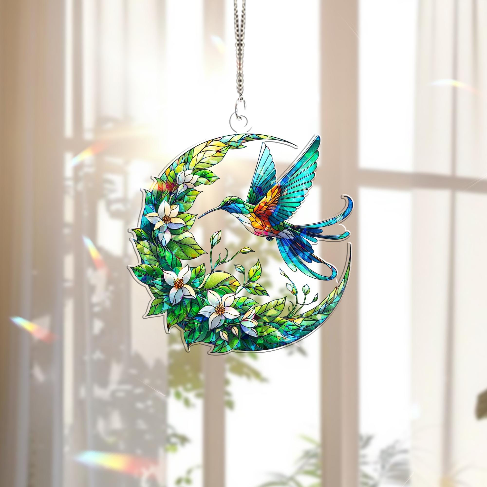 Hummingbird with Jasmine Crescent Moon Hologram Window Hanging – Floral Acrylic Decor – Mother’s Day Gift – Bird Lover Art