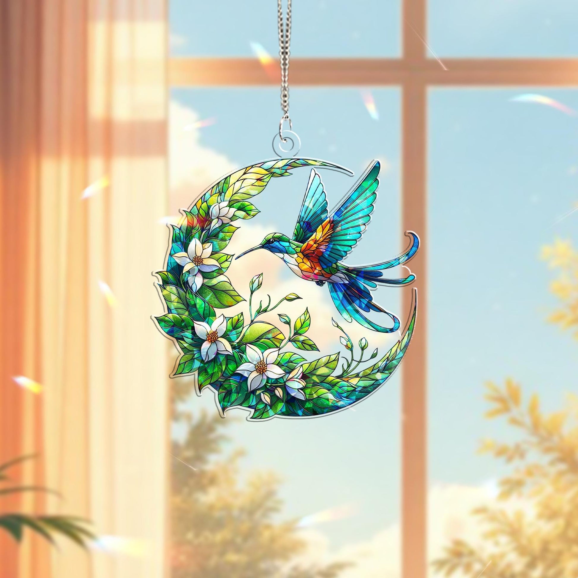 Hummingbird with Jasmine Crescent Moon Hologram Window Hanging – Floral Acrylic Decor – Mother’s Day Gift – Bird Lover Art