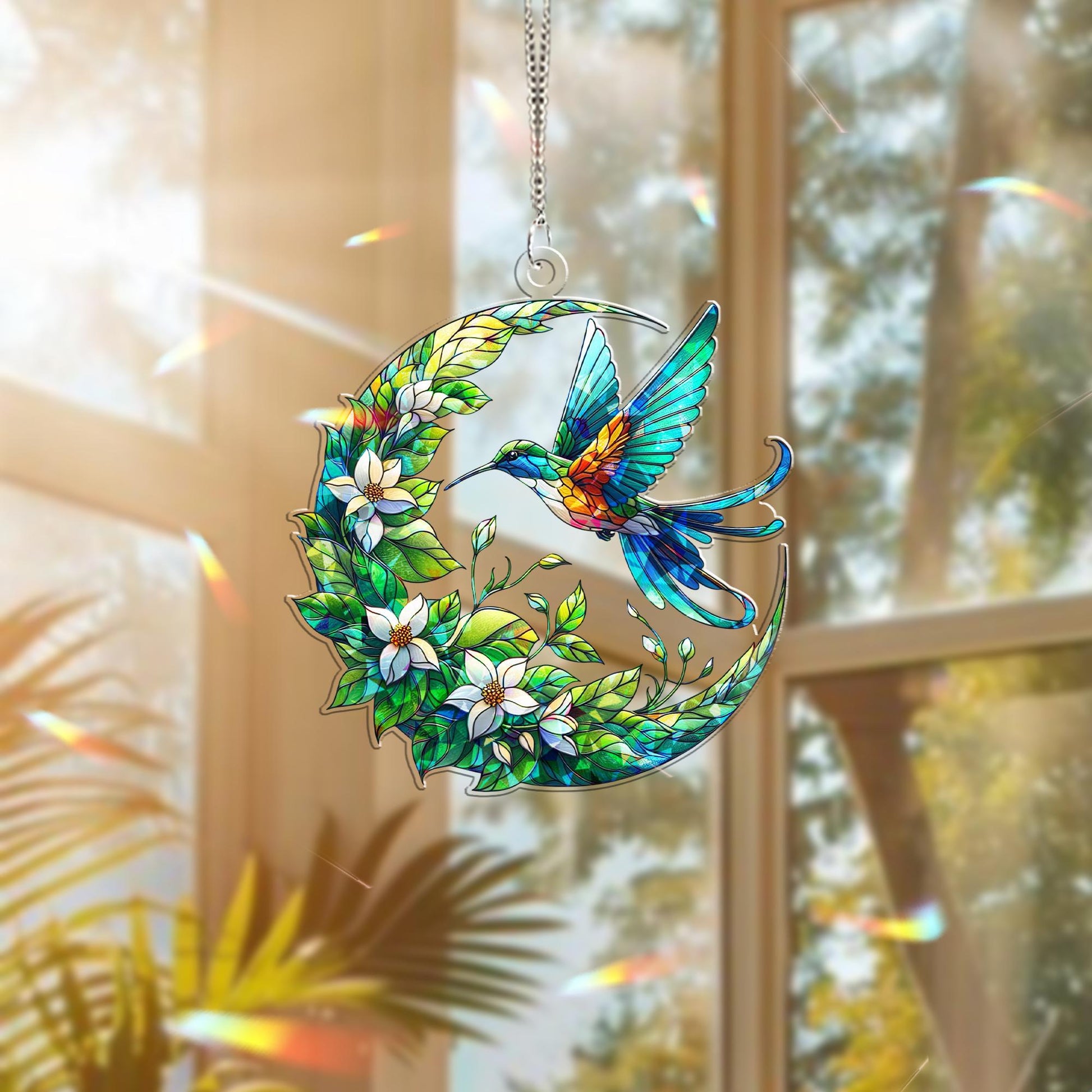Hummingbird with Jasmine Crescent Moon Hologram Window Hanging – Floral Acrylic Decor – Mother’s Day Gift – Bird Lover Art