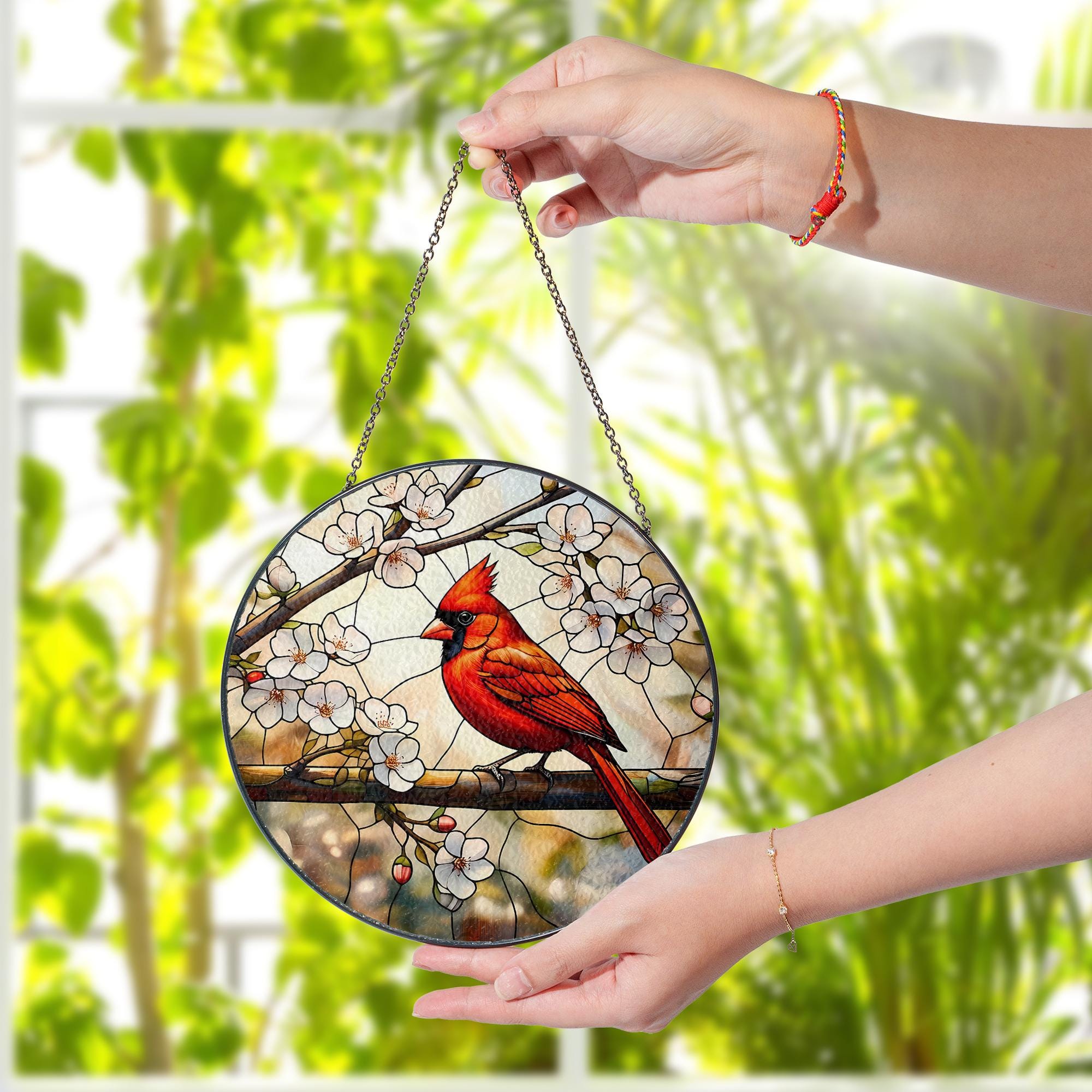 Cardinal Glass Suncatcher – Red Bird Glass Style Window Hanging, Spring Blossom Decor, Nature Gift for Bird Lovers, Home Gift, Gift For Mom
