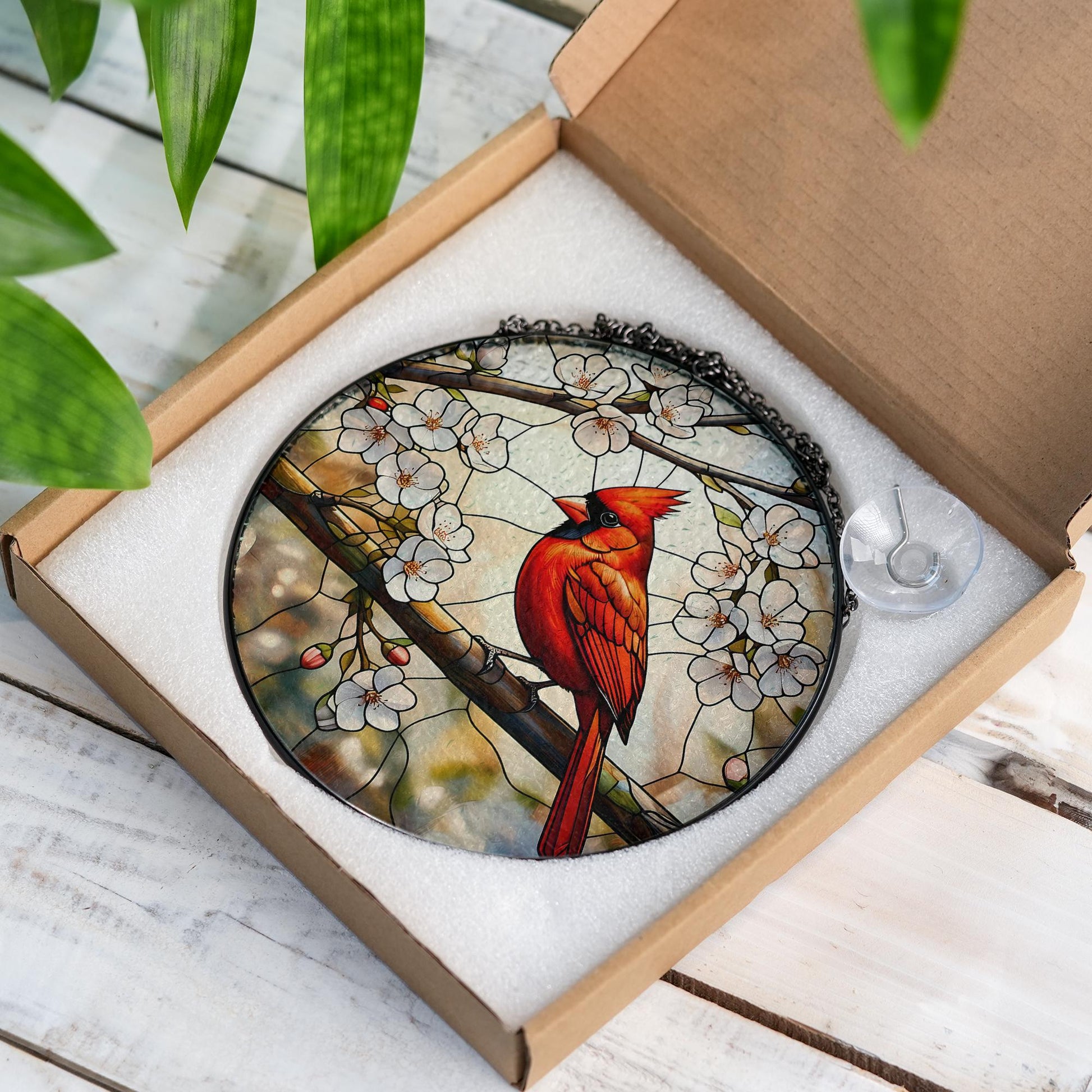 Cardinal Glass Suncatcher – Red Bird Glass Style Window Hanging, Spring Blossom Decor, Nature Gift for Bird Lovers, Home Gift, Gift For Mom