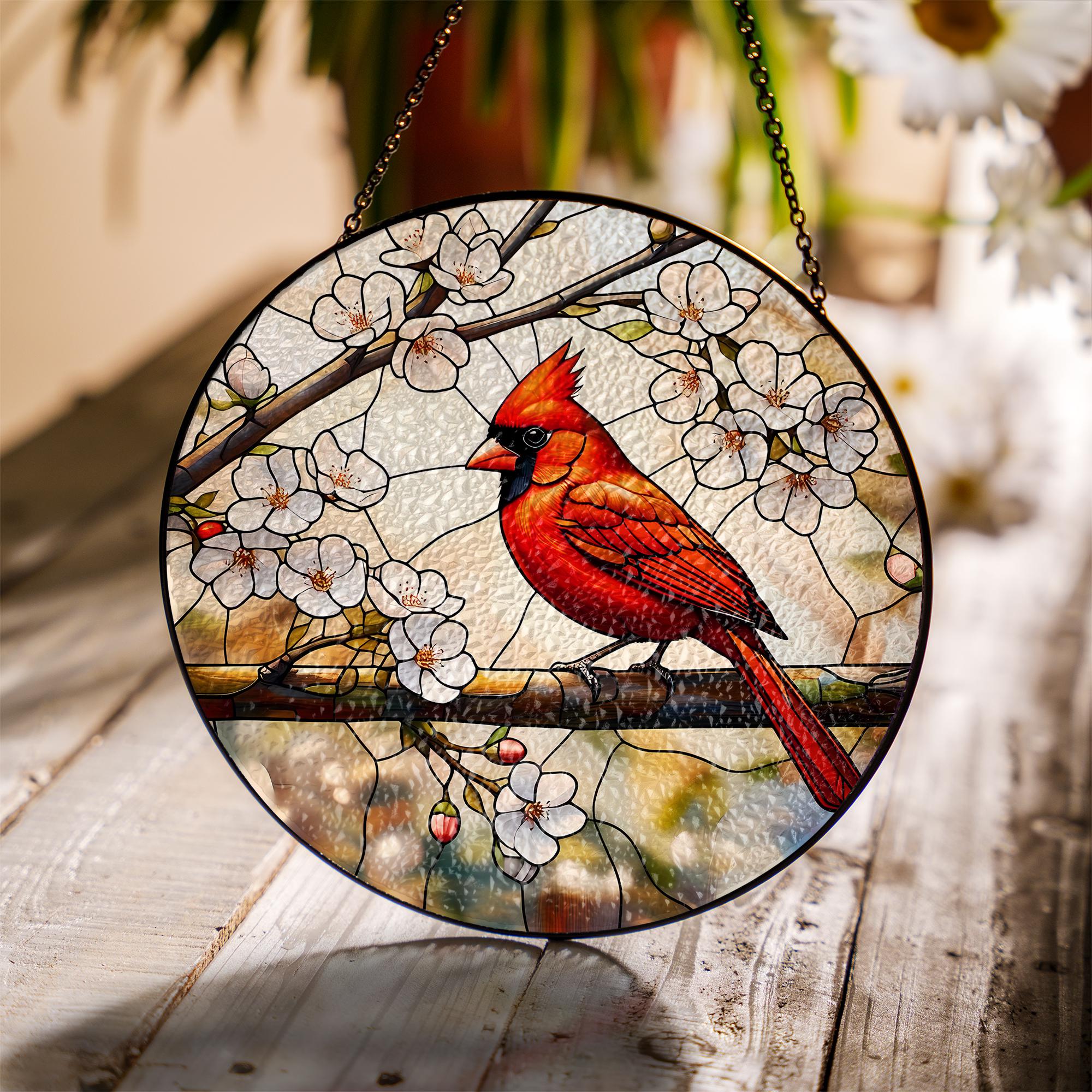 Cardinal Glass Suncatcher – Red Bird Glass Style Window Hanging, Spring Blossom Decor, Nature Gift for Bird Lovers, Home Gift, Gift For Mom